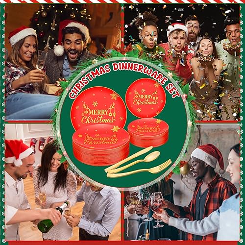 Miniatura 6 de Sliner 150 piezas de suministros para fiestas de Navidad, 30 platos de Navidad de plástico, 30 platos de postre desechables, 30 cuchillos, 30