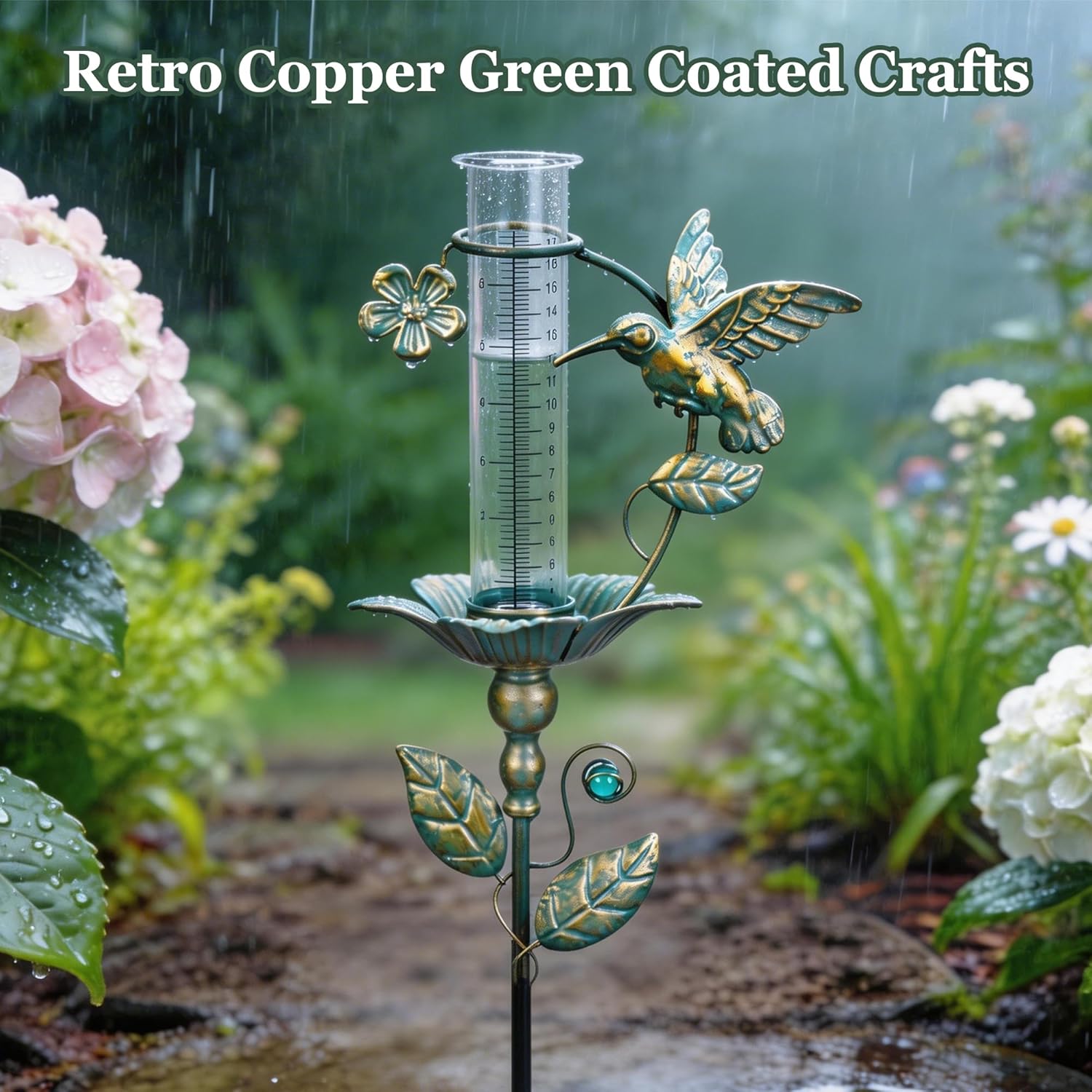 shumi Rain Gauge Outdoor Hummingbird, Upgraded Glass Rain Guage Outdoors Best Rated, Freeze Proof Adjustable Height Rain Gauges for Yard Garden Decor, Gardening Gifts for Women