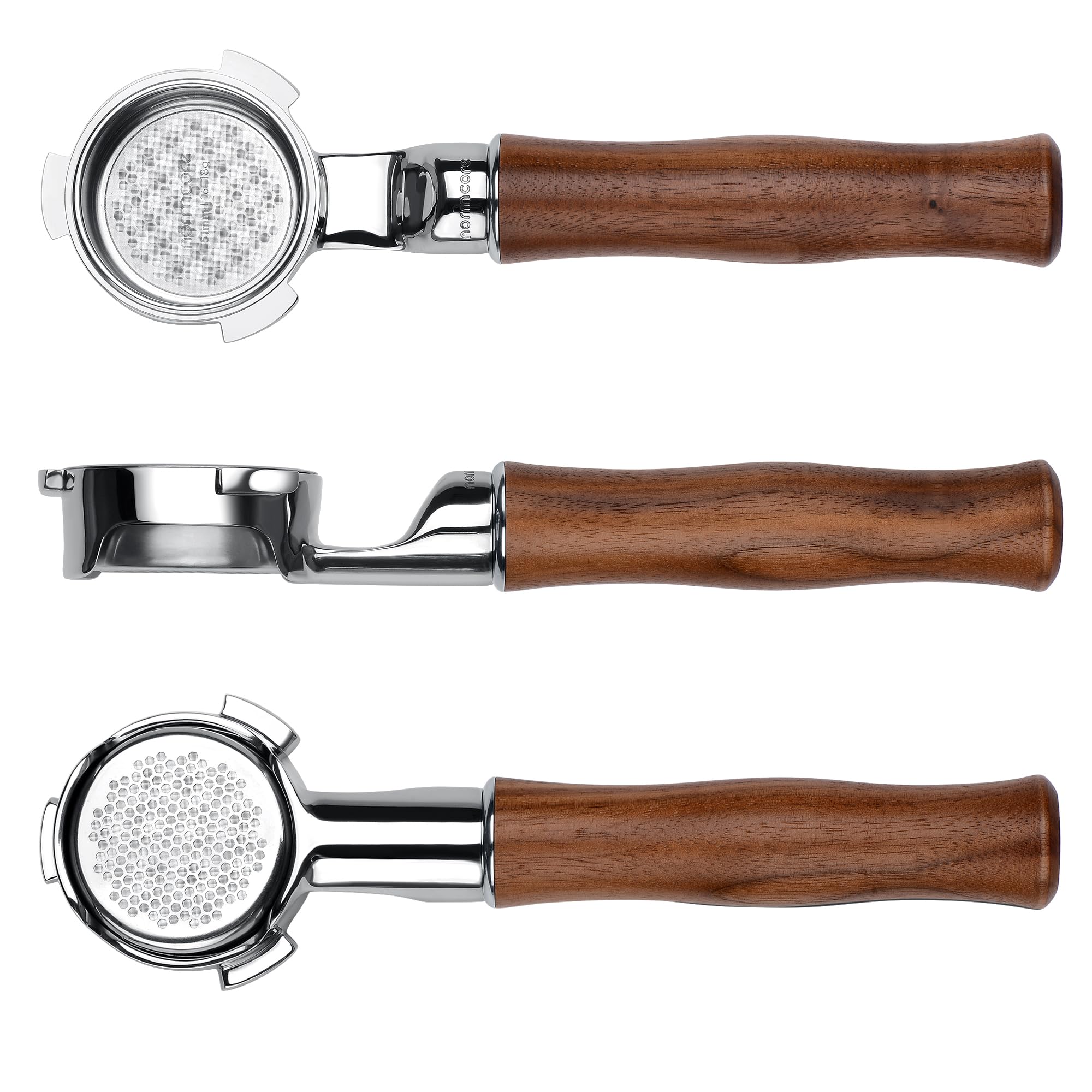 Normcore 51mm Silm Bottomless Portafilter with Walnut Handle Fits DeLonghi Dedica, SMEG EUPA Machines, Genuine American Walnut Handle