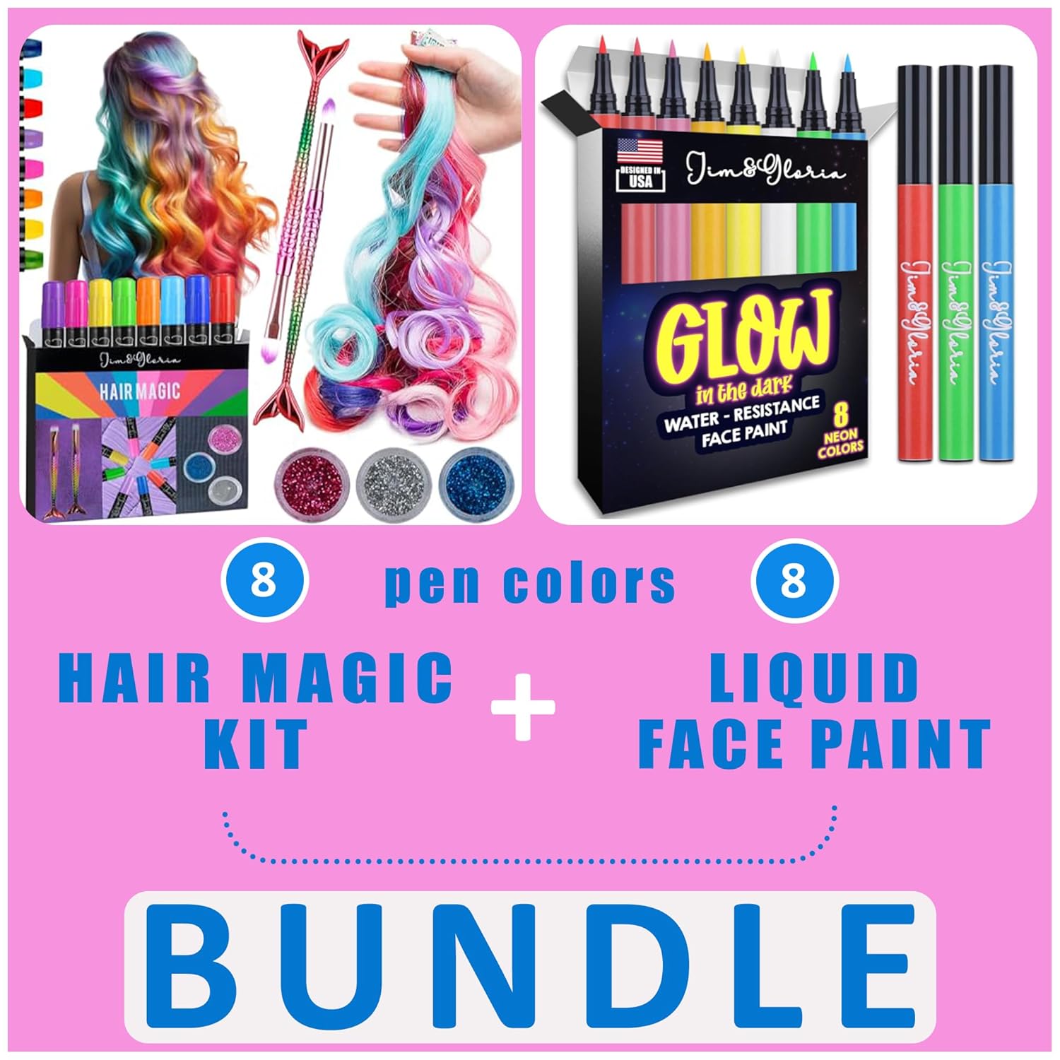 Jim&Gloria Dustless Hair Chalk For Girls With Clip on Colored Hair Brushes And Glitters Temporary Hair Dye 8 Neon Liquid Face Paint Pen UV Glow in the Dark Smudge Proof Water Resistance Waterproof