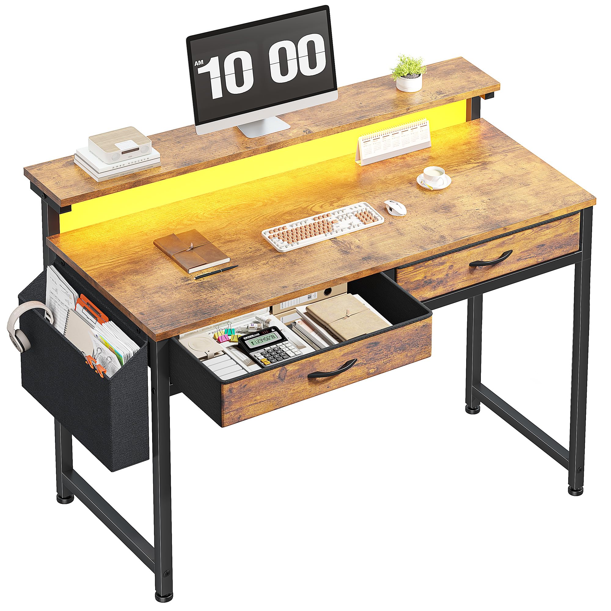 Gaming Desk with LED Lights & 2 Fabric Drawers, 39.4Inch