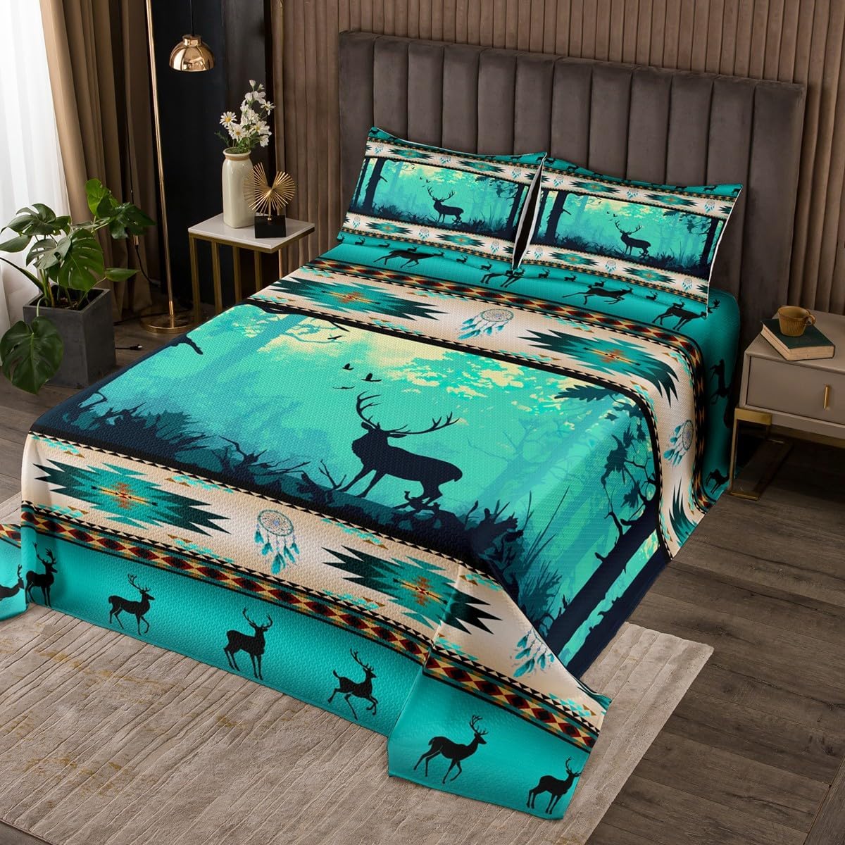 Deer Hunter Quilt Set King Southwestern Native Aztec Western Bedspread Set,Bohemian Dream Catcher Coverlet Set Moose Reindeer Indian Tribal Geometric Bedding Set,Country Farmhouse Rustic Room Decor