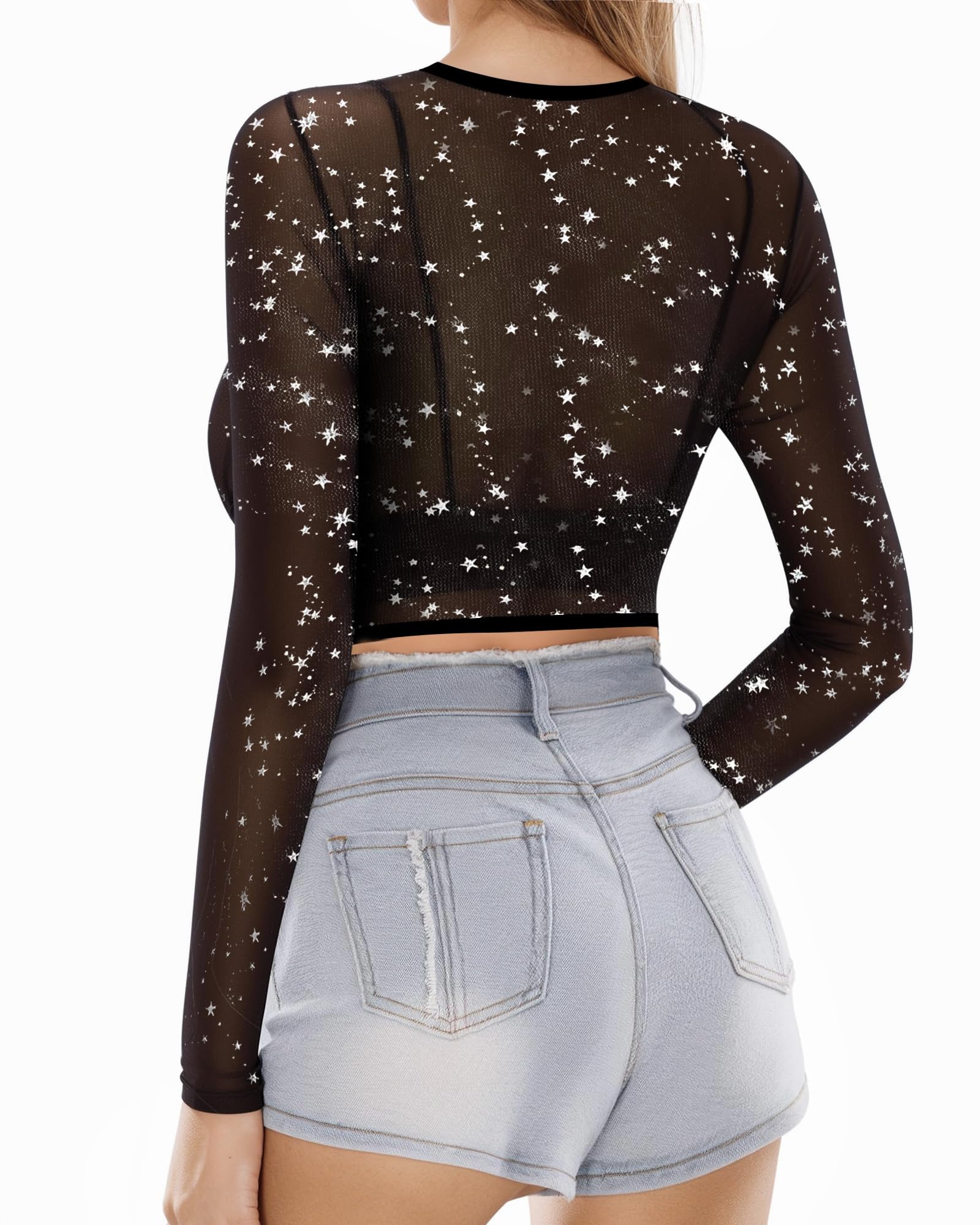 MANGOPOP Women's Short Sleeve Long Sleeve Sheer Mesh Crop Tops Tee Shirt Blouse