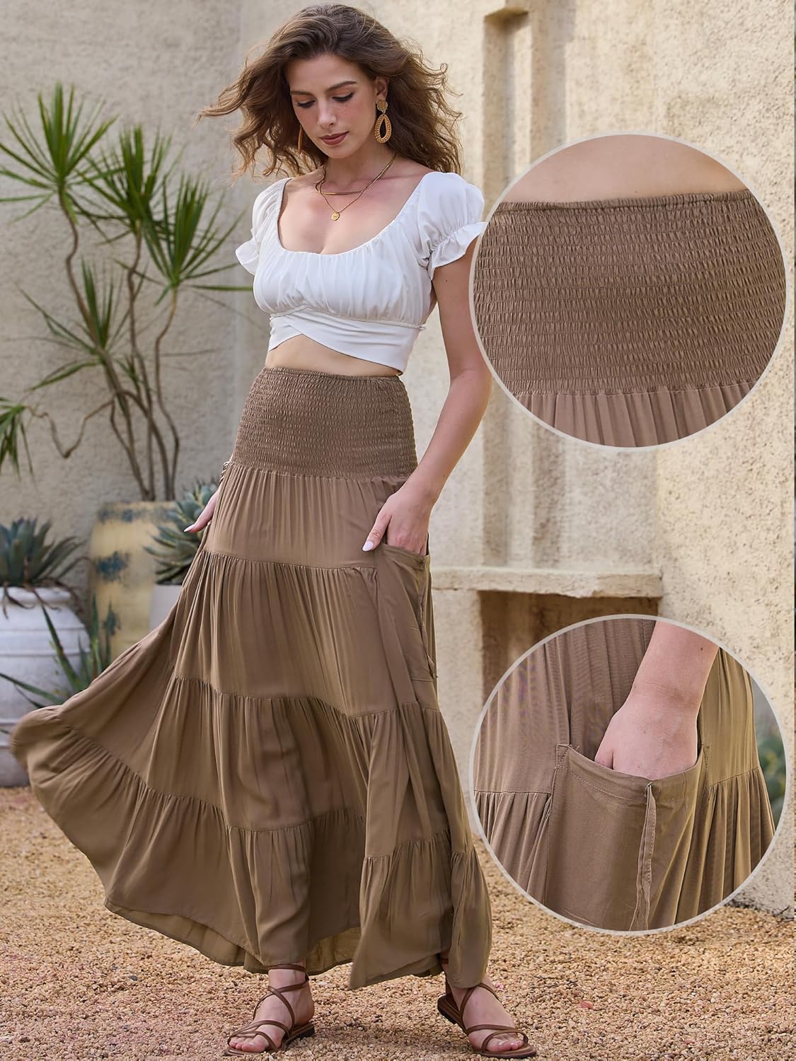 Allegra K Summer Maxi Skirts for Women 2026 Elastic High Waist Swing A Line Beach Skirt with Pockets - Image 4