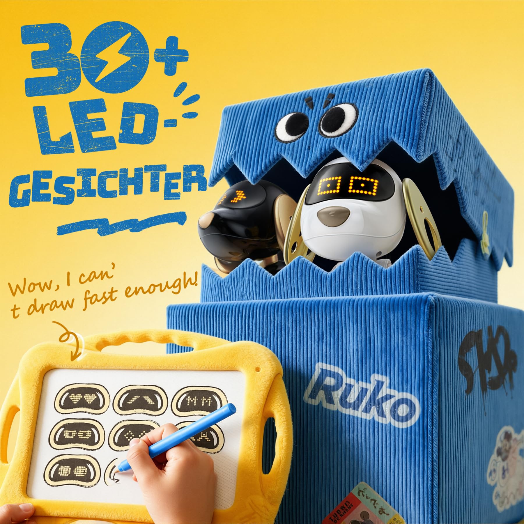 Ruko 18011 Intelligenter Roboter Hund, Interaktiver Spielzeughund mit 30 LED-Ausdrücken, 20 Aktionen & 50 programmierbaren Befehlen, Berührungssteuerung Roboter Kinder, ab 3 Jahren, Weiß-Gold