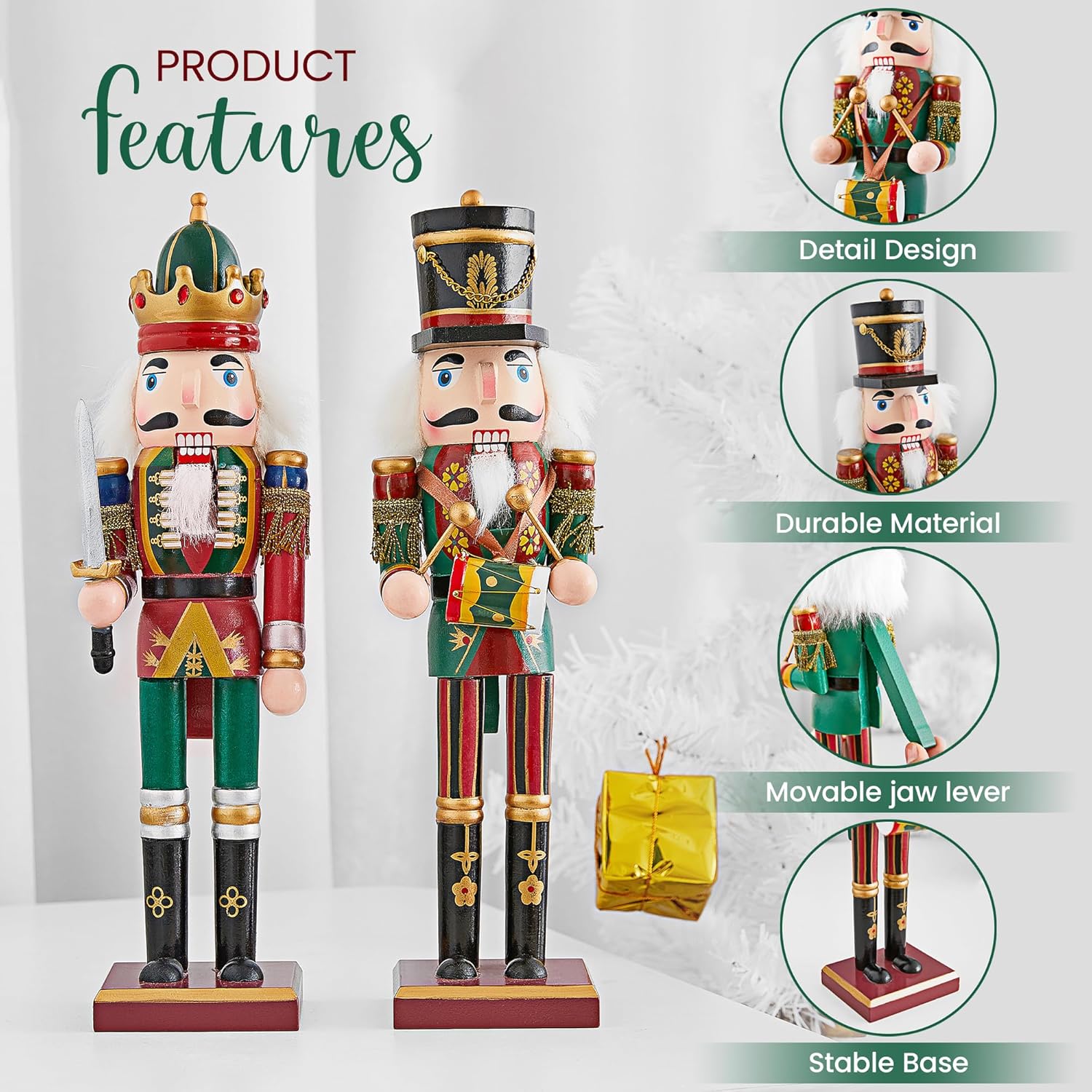 2pc Christmas Nutcracker Soldier 30cm Wooden Nutcracker Christmas Decorations for Fireplace - 2 Pack Wooden Christmas Nutcracker Figures Indoor Christmas Ornaments - Christmas Nutcrackers Xmas (Green)
