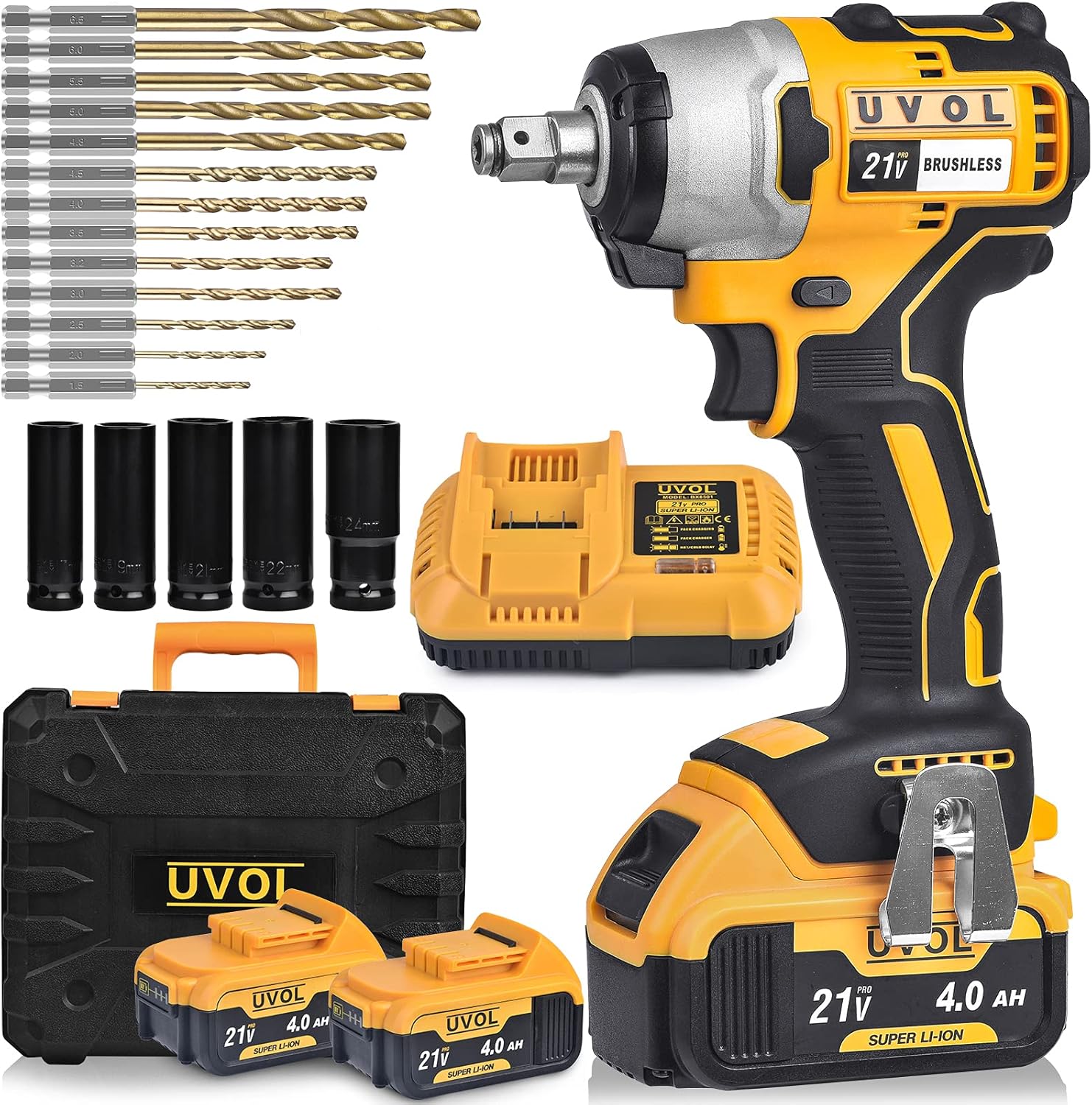 UVOL Cordless Impact Wrench with toolbox, 1/2 Inch Brushless Motor Battery Power Drill/Driver with 5 Sockets & 13 Driver Bits, Power Impact Wrench with Battery & Charger, 21V/4.0Ah (BX8501) : Everything Else