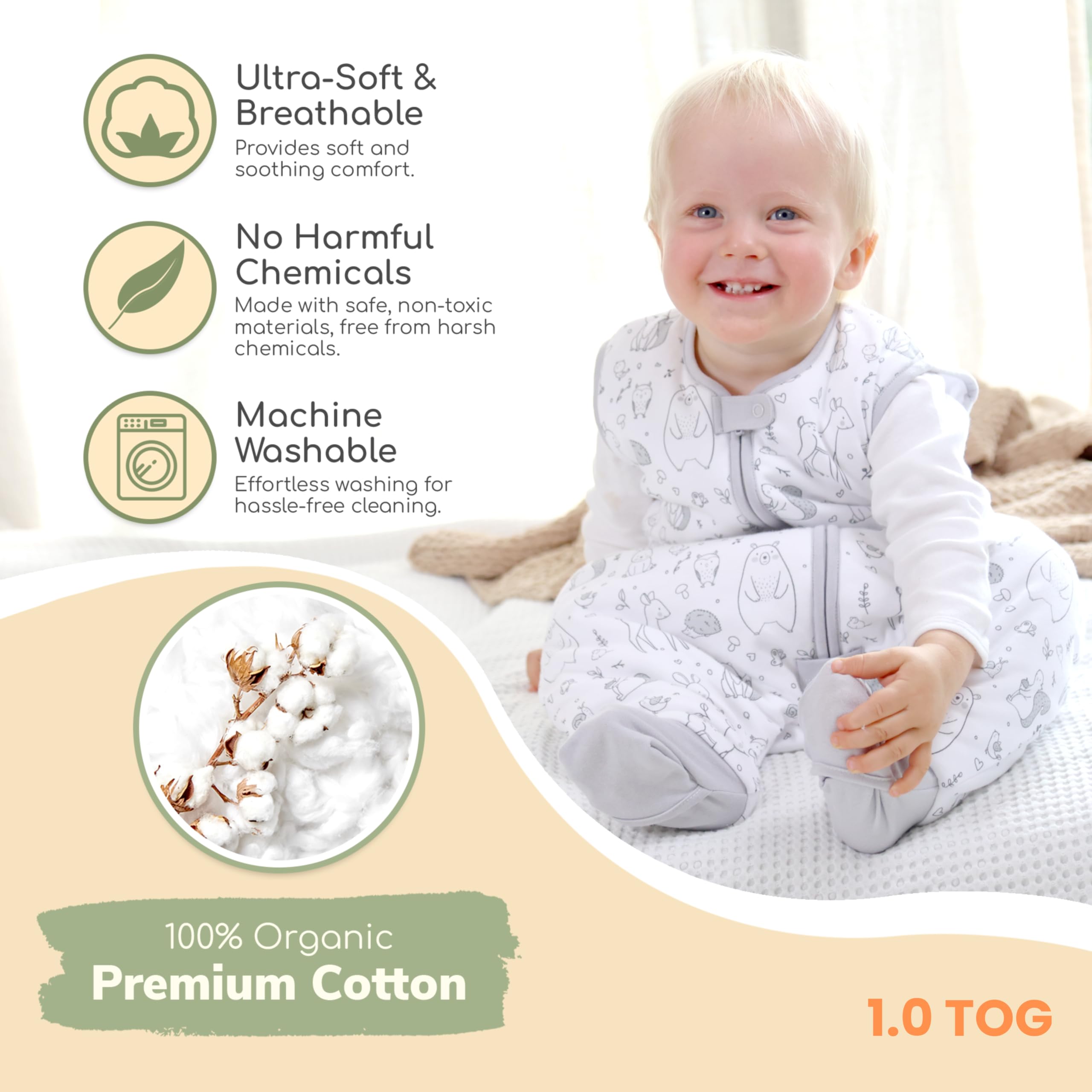 Mama Cheetah Toddler Sleep Sack with Feet 2T, 1.0 TOG Organic Cotton Baby Sleeping Bag with Legs, Wearable Blankets for Walkers w/ 2-Way Zipper, Sleep Sack for Girls Boys, Early Walker M (18-36 M) - 3