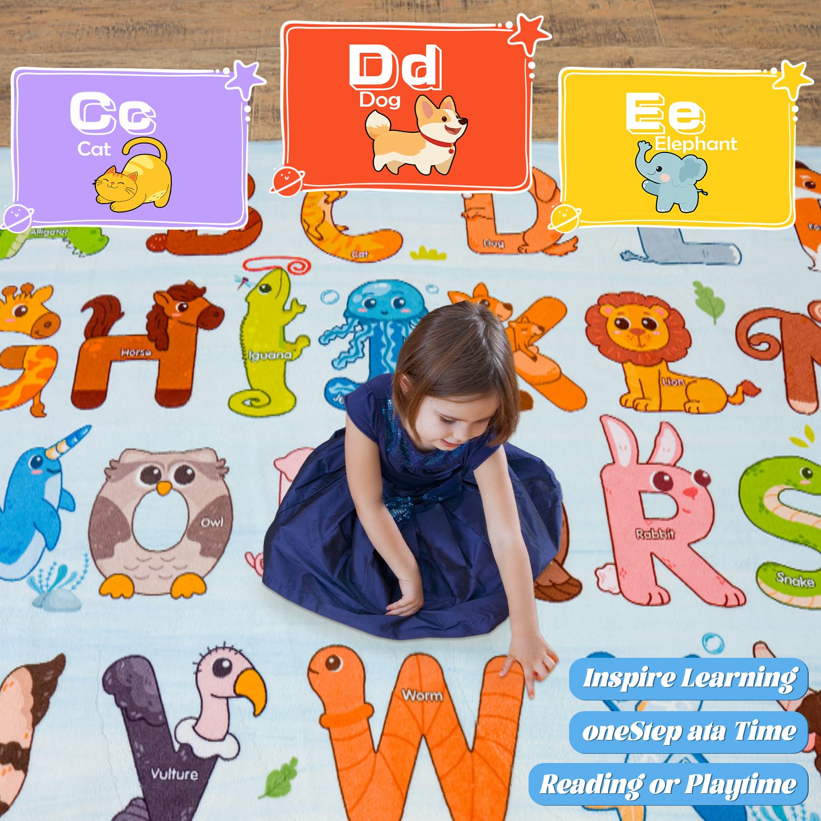 GthreeD Rugs for Playroom,Educational Rug for Learning ABC Alphabet & Animals,Soft & Non-Slip Machine Washable,Ideal for Exploration Game Perfect for Nursery Living Room Decor,Blue,80x150 cm - Image 3