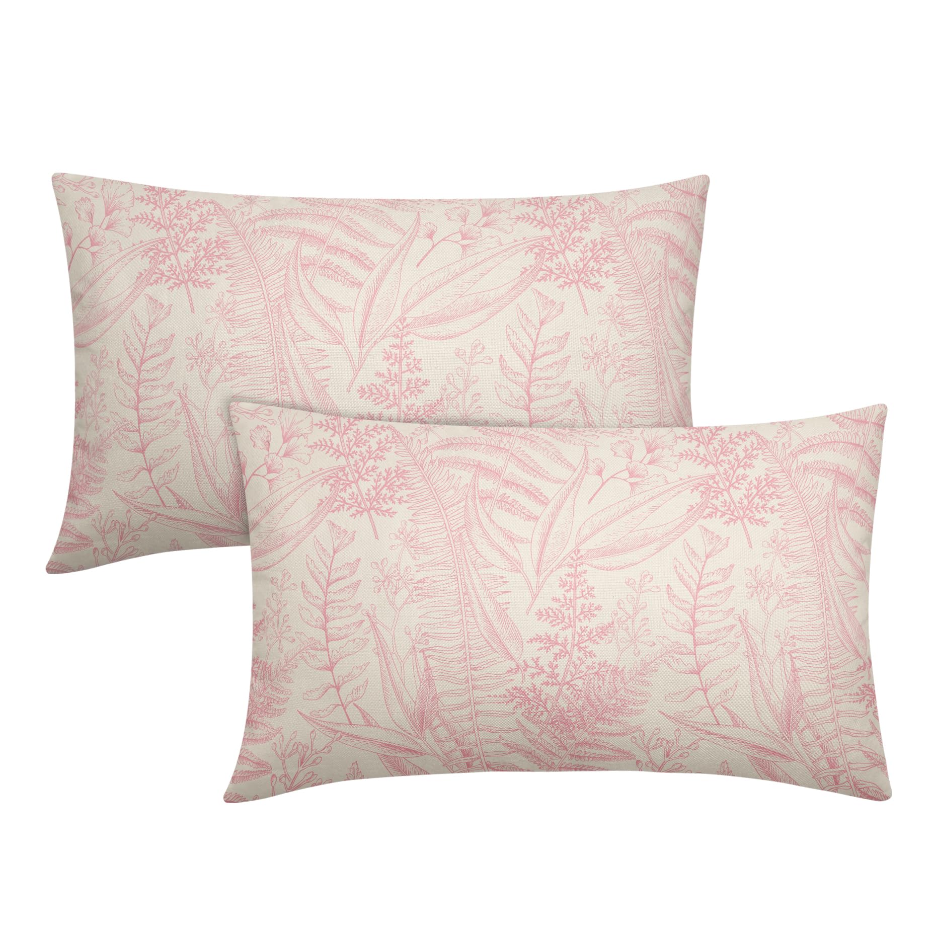 Light Pink Leaf Plant Lumbar Pillow Covers 12X20 Inch Herbs Botanical Fern Vintage Leaves Floral Decorative Pillow Cases Set of 2 Throw Pillows Farmhouse Home Decor For Sofa Couch Cushion Outdoor