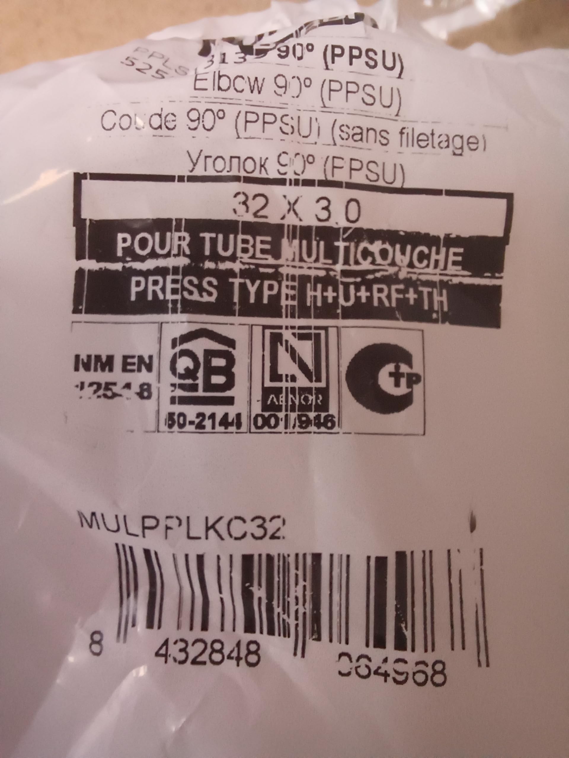 Juego de 4 codos 90º, multicapa para engarzado, PPSU, Ø32, 32 x 3,0