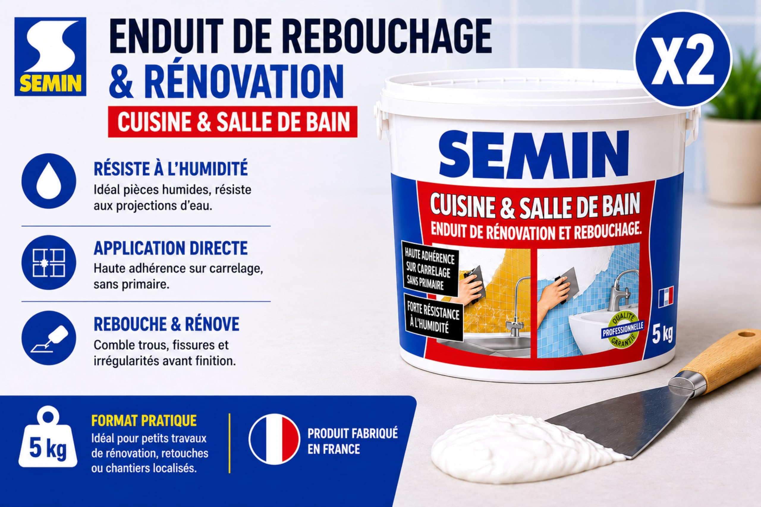 SEMIN Enduit de Rebouchage & Rénovation Cuisine et Salle de Bain 5 kg – Enduit Prêt à l’Emploi, Haute Adhérence sur Carrelage sans Primaire, Résistant à l’Humidité, Murs Intérieurs - Lot de 2