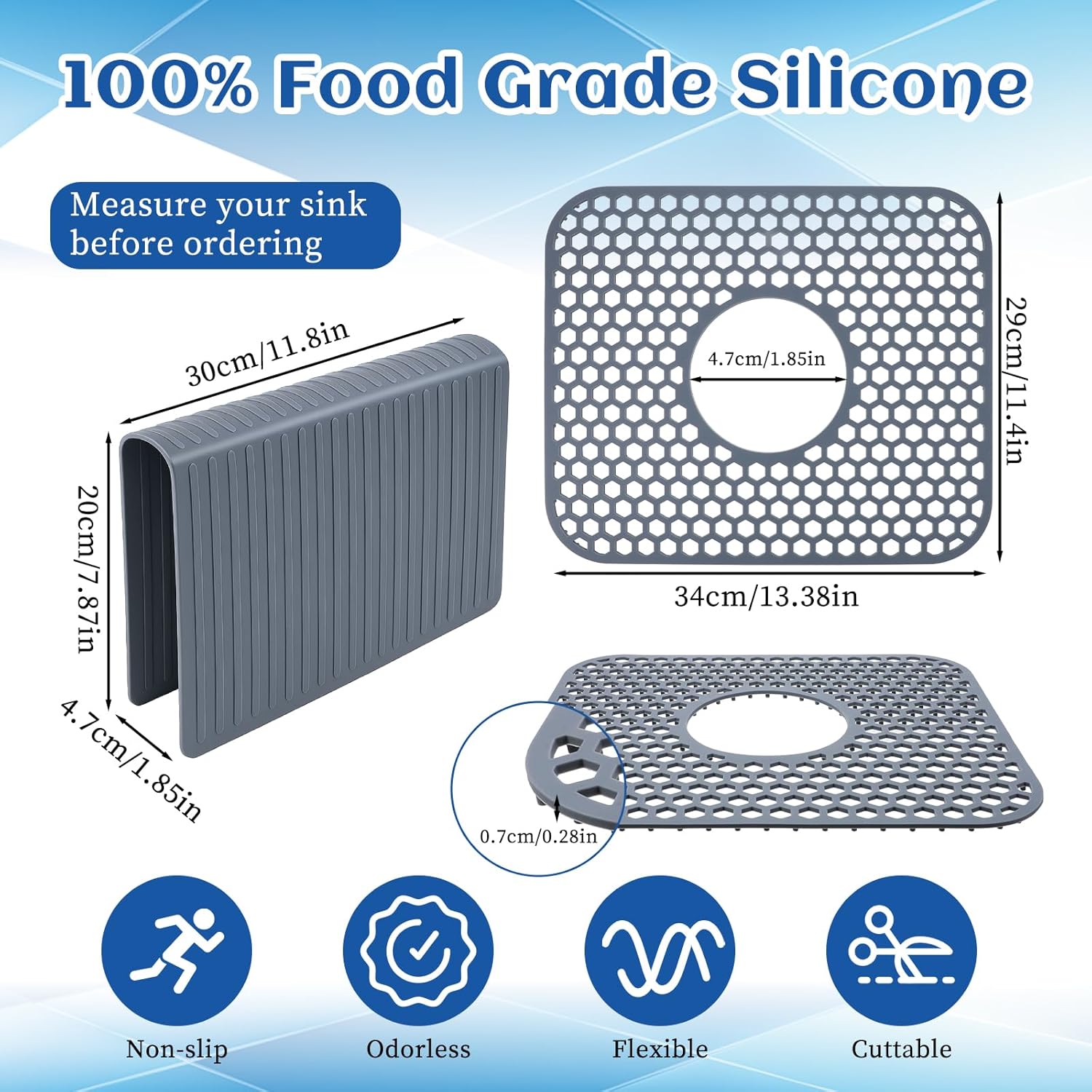 3pcs Grey Kitchen Sink Mats and Sink Saddle Set,13.38 X 11.4inch Non-Slip Heat Resistant Silicone Sink Mat Sink Bottom Grid Sink Divider Center Drain