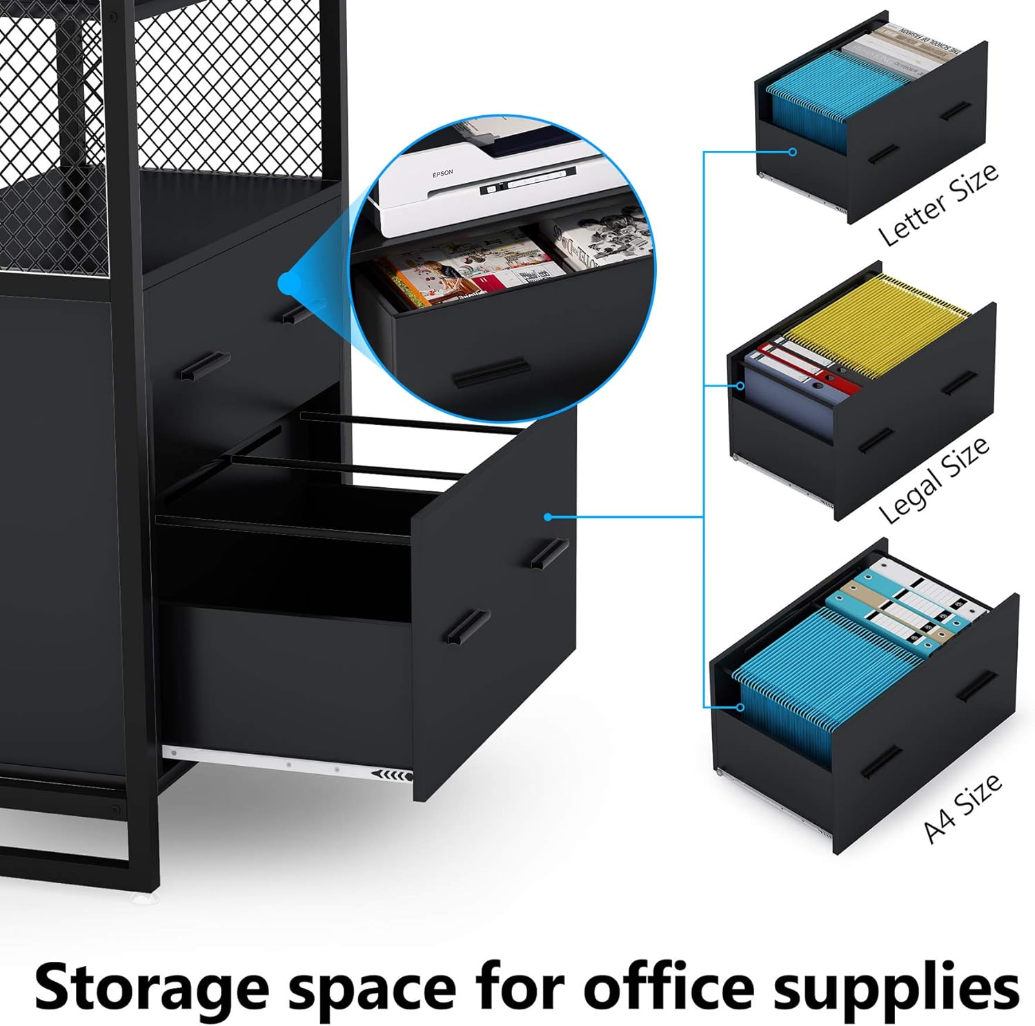 Tribesigns 2 Drawer File Cabinet with Bookshelf, Modern Vertical Filing Cabinet for Letter/Legal/A4 Size File, Large Printer Stand with Open Storage Shelves for Home Office, Black : Home & Kitchen