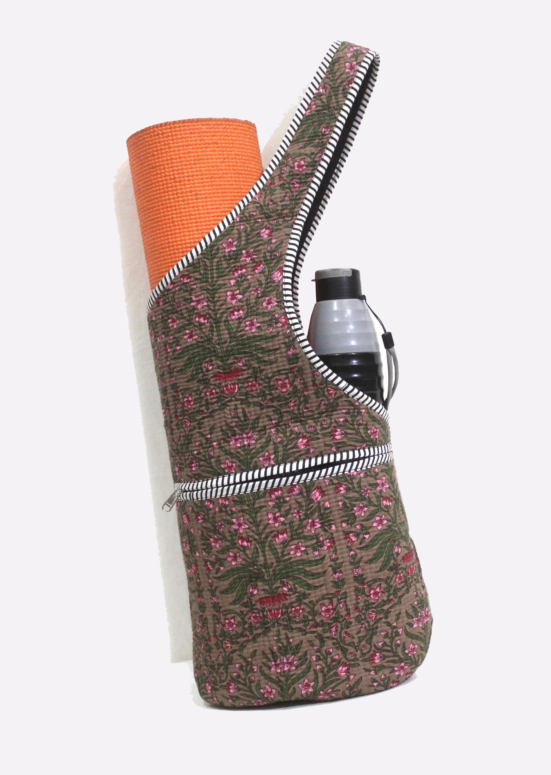 INDIAN CRAFT CASTLE Yoga Mat Bag | Tote Mat Bag | Sling Yoga Tote w/Large Side Pocket & Zipper Pocket | Yoga Mat Carrier Fits Most Size Mats (Brown Green)