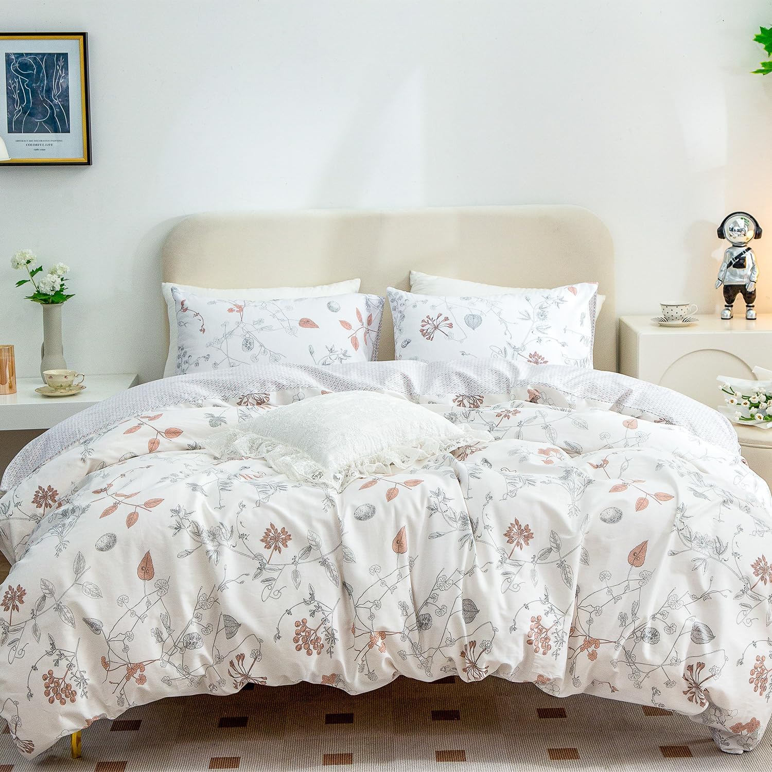 Floral Queen Duvet Cover Set, 100 Cotton 3 Pieces Flower