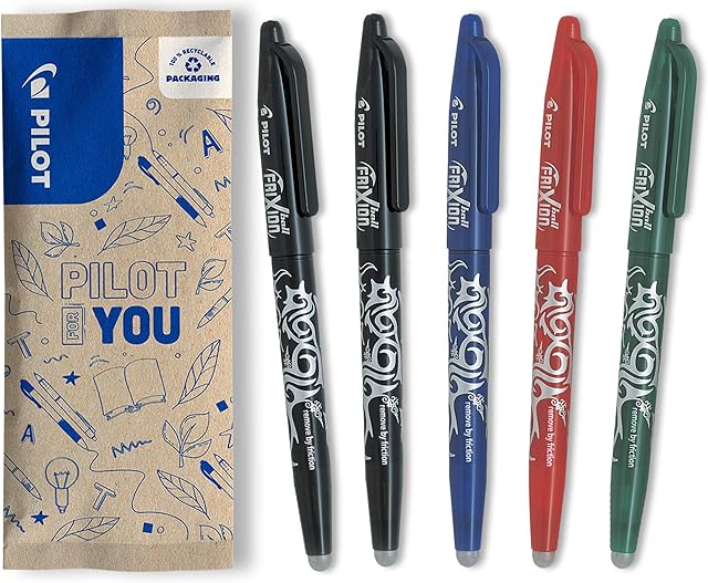 Pilot Frixion Erasable Rollerball 0.7mm Tip - 2 Black/1 Blue/1 Red/1 Green (Pack of 5)