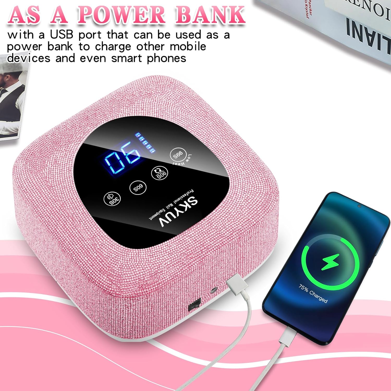 Rechargeable UV LED Nail Lamp, SKYUV Cordless Nail Dryer for Gel Polish, UV Nail Lamp with 4 Timers Setting and LED Touch Screen, Professional Curing Lamp Light with 30 Beads for Salon and Home