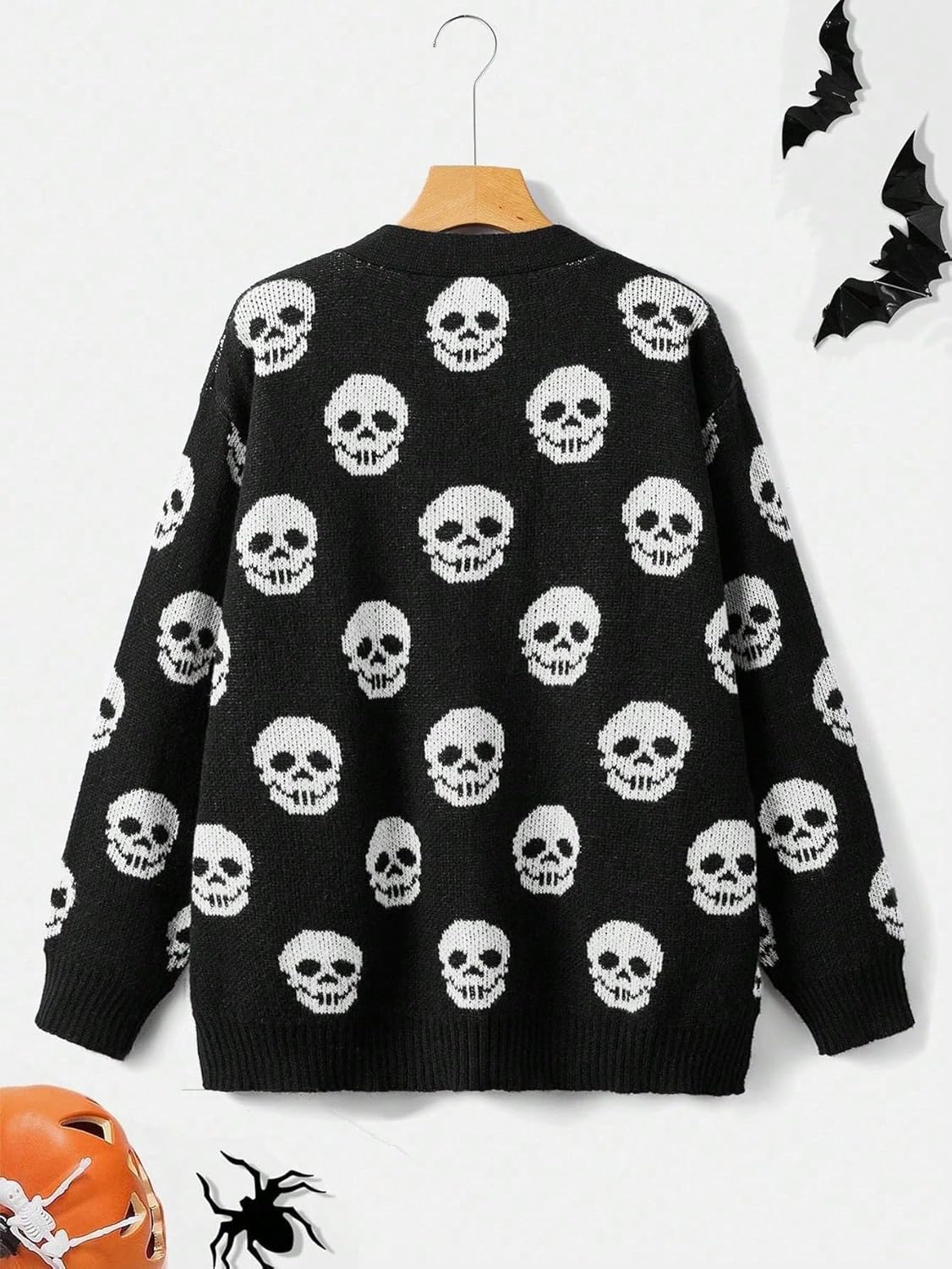 WDIRARA Women's Plus Size Halloween Skeleton Skull Cardigans Drop Shoulder Open Front Cardigan Sweater - Image 2