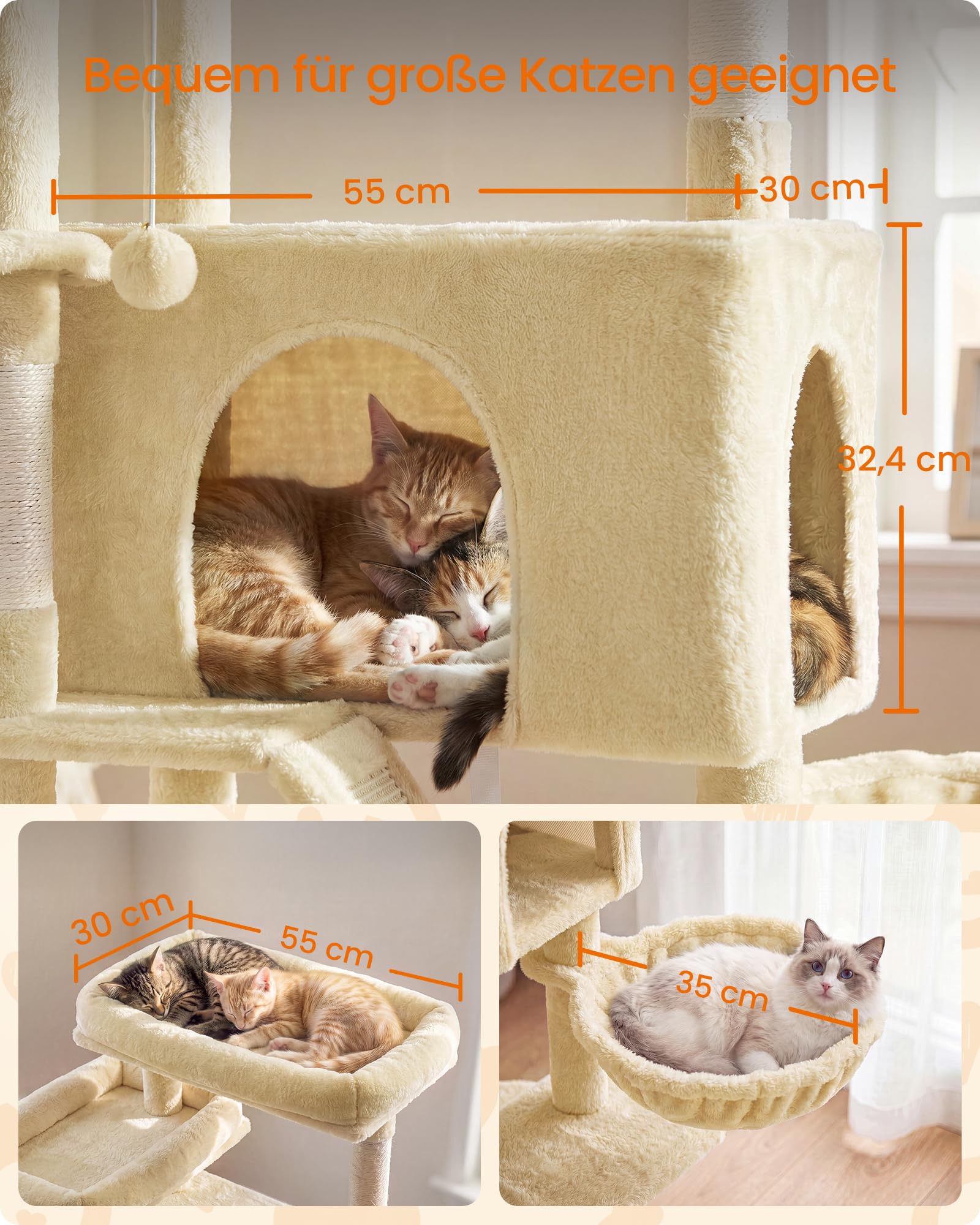 Feandrea Kratzbaum groß, XXL Katzenbaum mit Kratzbrettern und Sisal, Kletterbaum für Große Katzen, 55 x 45 x 206 cm, Beige, für Mehrkatzenhaushalt, Clawfy Kollektion PCT021Y101
