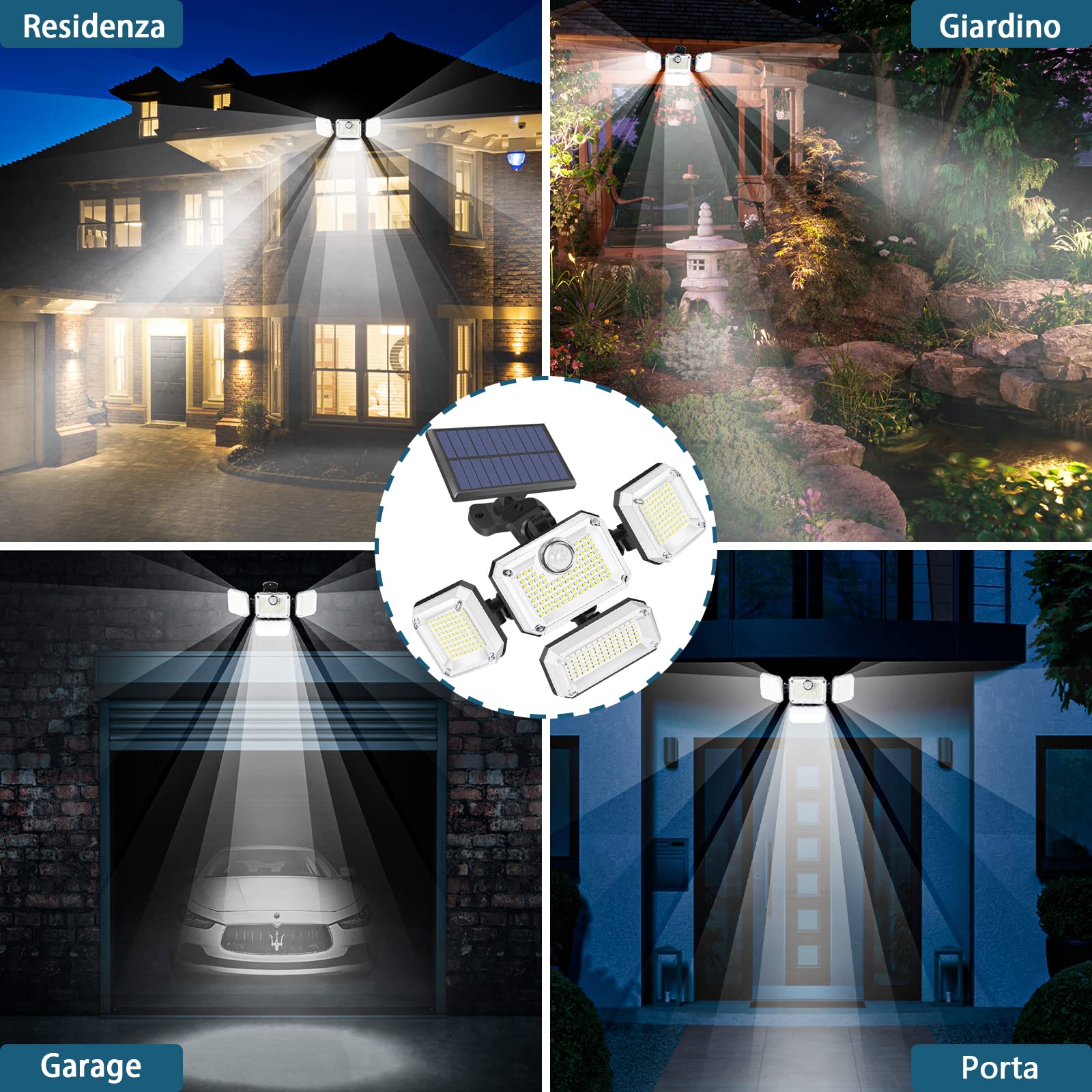 Ulikey 333 LED Luce Solare LED Esterno con Sensore di Movimento, Lampada Solare da Esterno IP65 Impermeabile, 4 Testa Faretti Solari a Led con Angolo di Illuminazione a 270° per Giardino Garage