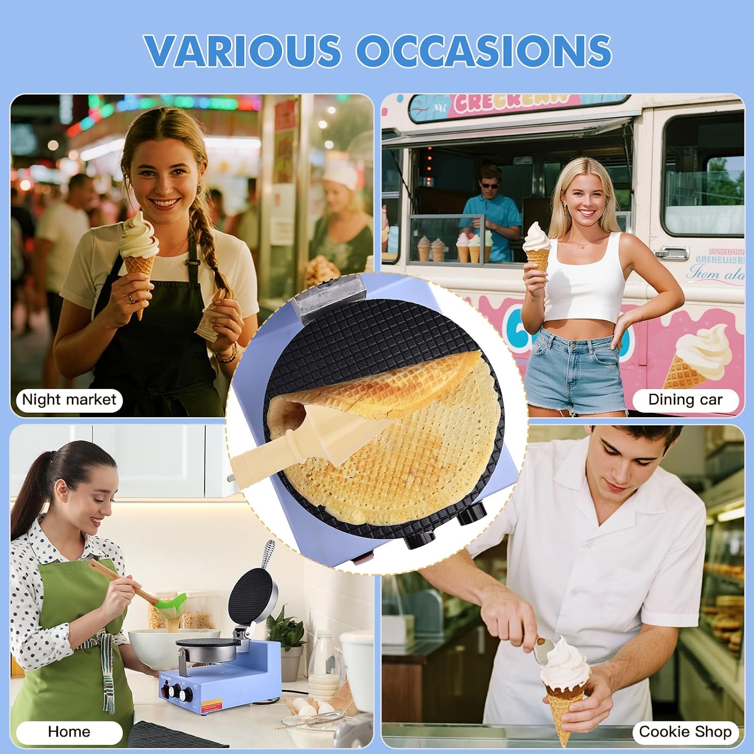 Commercial Waffle Cone Maker - 1200W Commercial Ice Cream Cone Maker w/ 8’’ Non-stick pan and 122–572°F Adjustable Temp, Waffle Cone Maker Machine w/Shaper Roller and Timer, for Restaurants