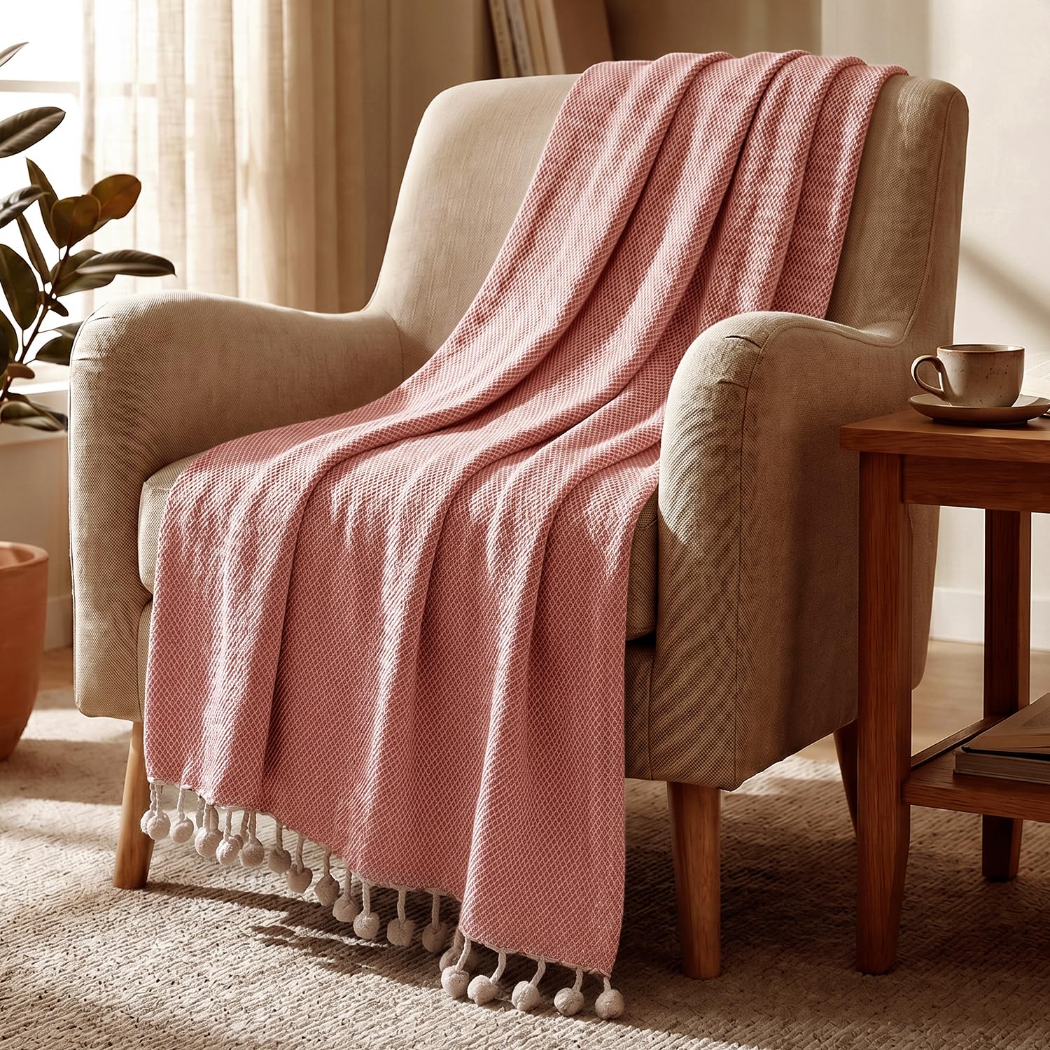 HOKIPO Desert Rose Knitted Cotton Sofa Throw 50x60 Inches with Decorative Pom Pom Tassels for Elegant Living Room Sofa Bed, Chairs, 'Oasis Palm' Series (IN-1136-PNK)-image-16
