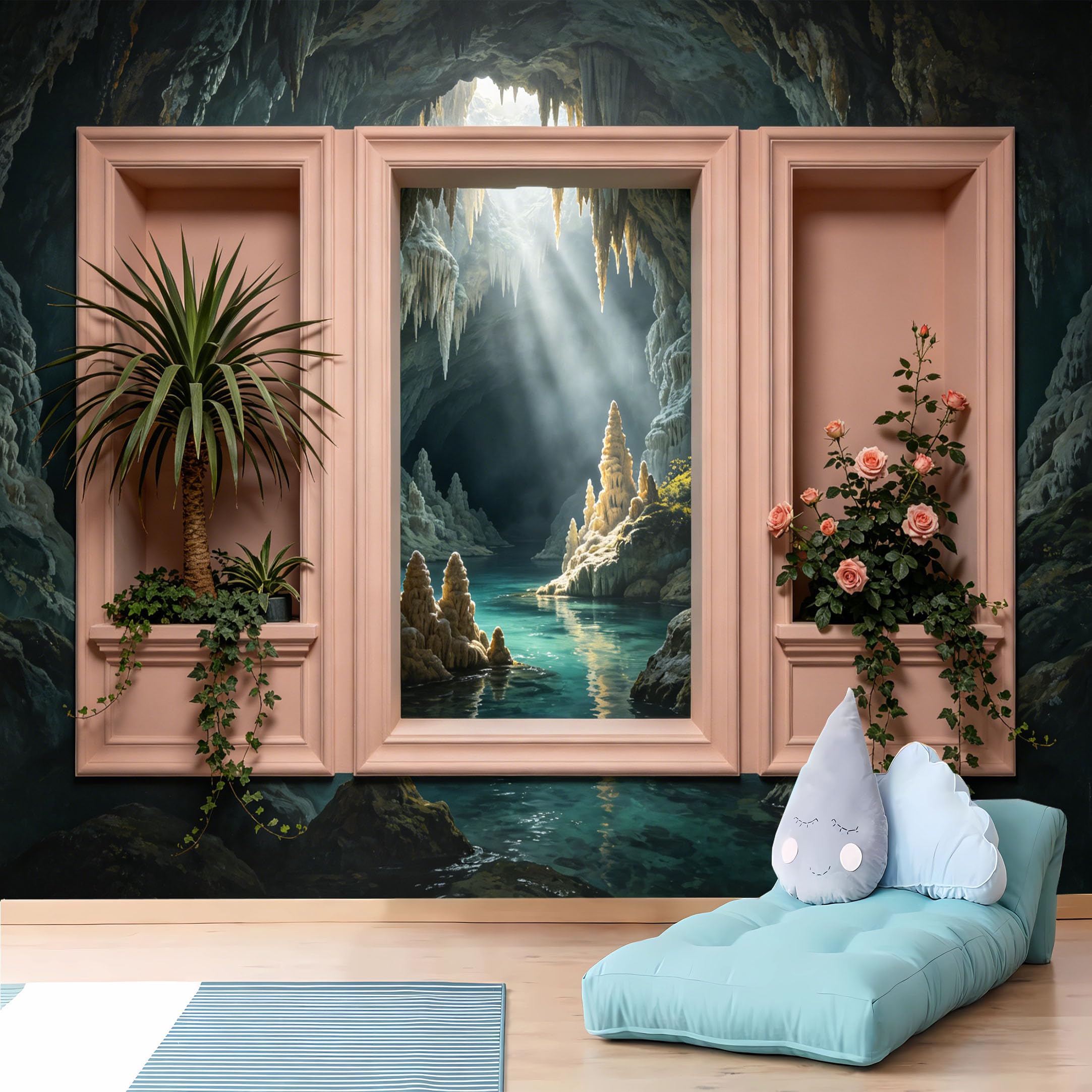 Custom Size Wall Murals Pink Niche Cave Lake Wall Murals Seascape Wallpaper Full Wall Self-Adhesive Removable Wallpaper for Living Room Bedroom