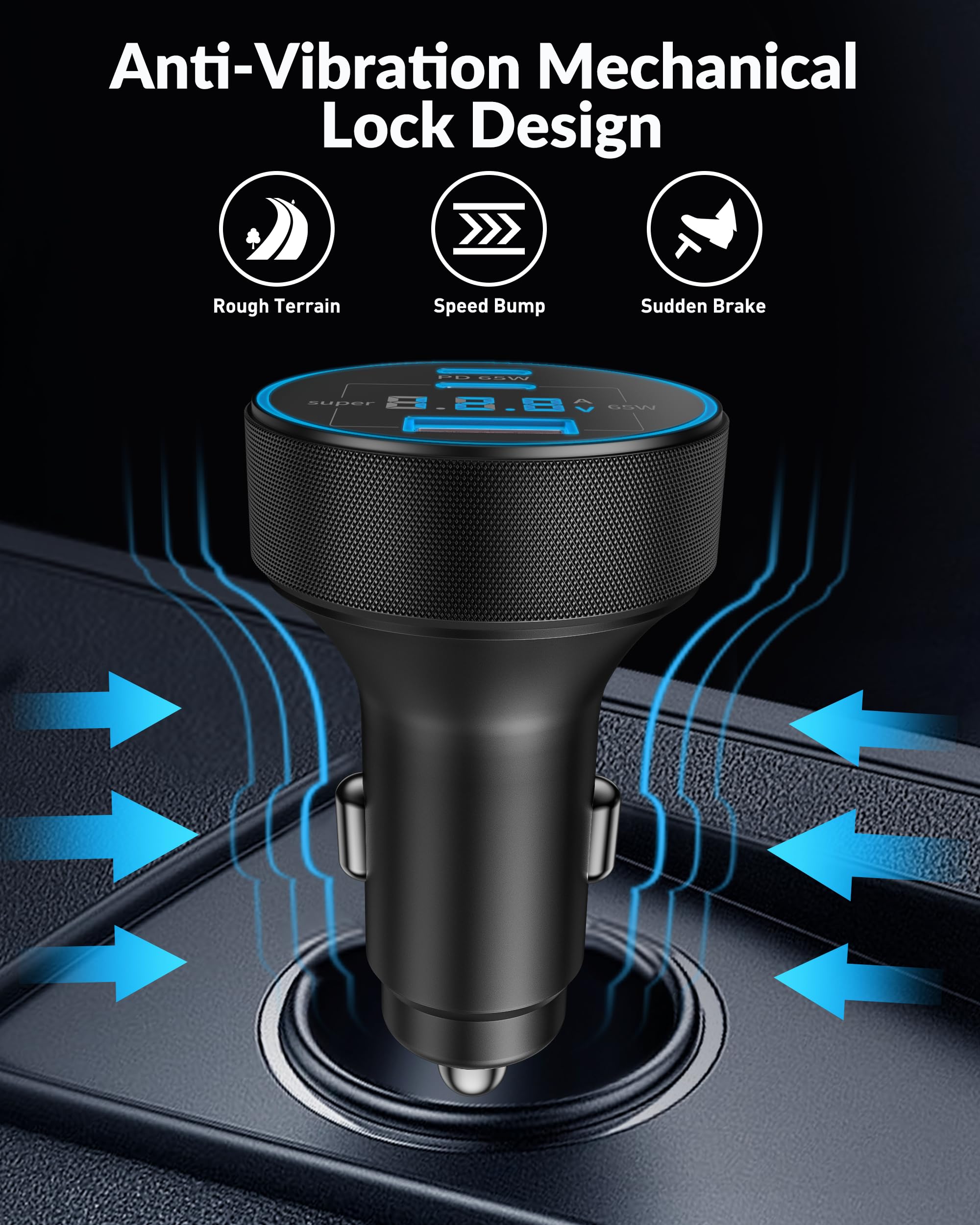 Caricabatteria da auto USB C a 3 porte 130 W tipo C ricarica ultra veloce caricabatteria da auto accessori con display di tensione accendisigari per iPhone 17/16/15/14/13/12, iPad, Galaxy S25/S24/S23