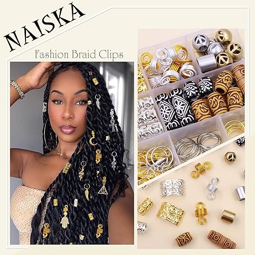 Miniatura 2 de NAISKA 184 piezas de joyería para el cabello para trenzas de serpiente y luna, accesorios para rastas, adornos de Loc, cuentas de pelo de madera,