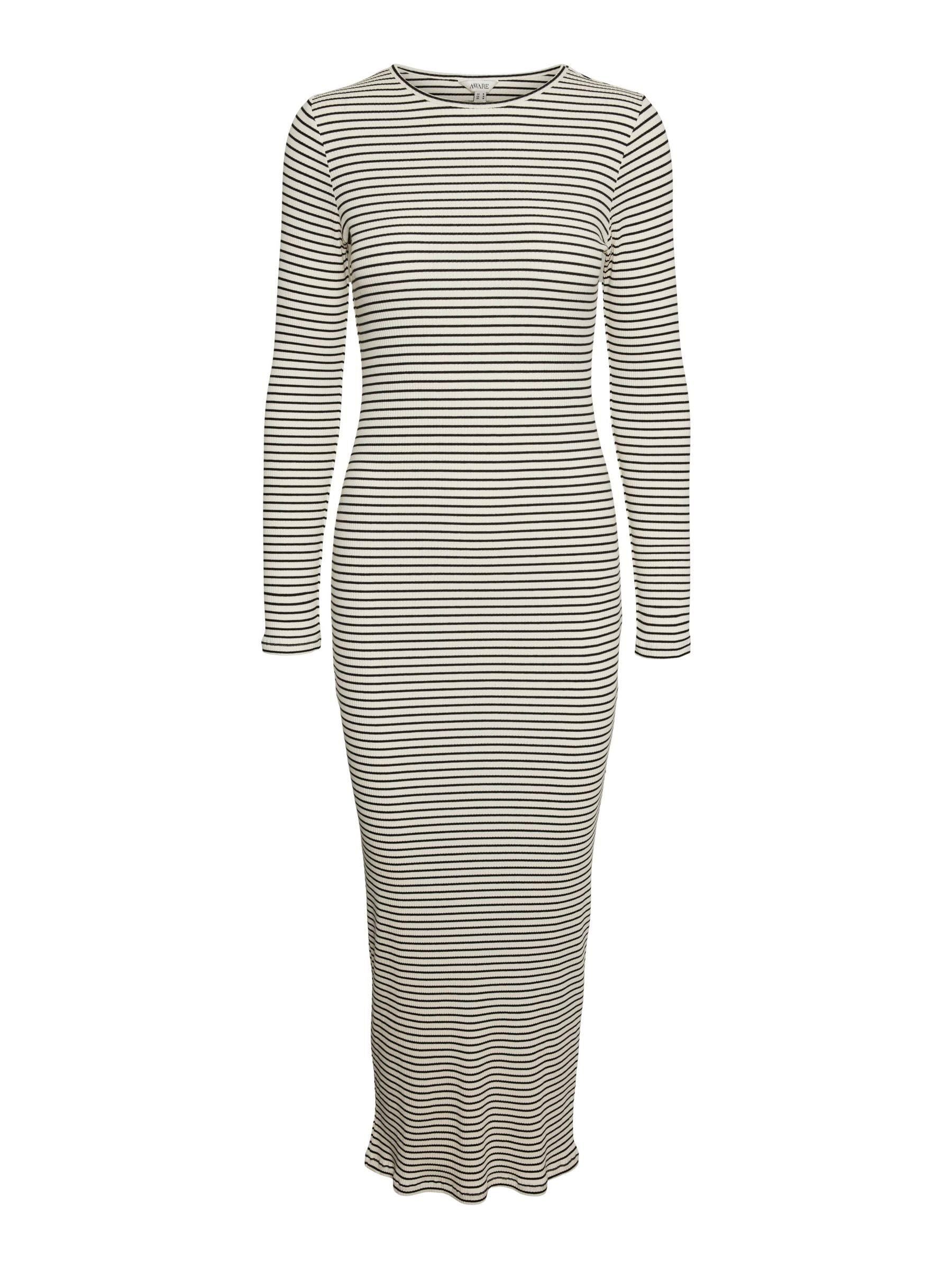 VERO Moda Women's Vmlena LS O-Neck Ankle Dress VMA Noos Dress, Birch/Stripes: Black, M