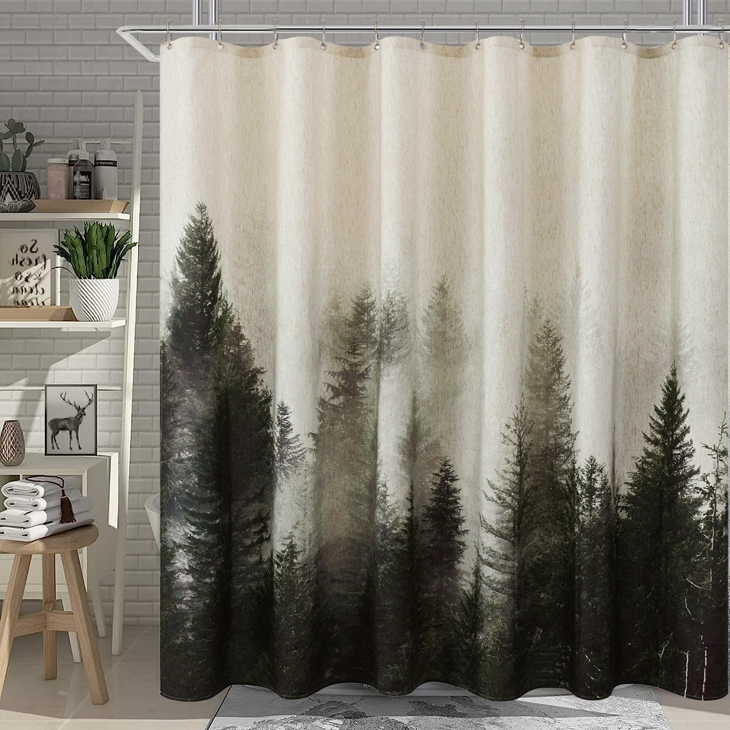 ORTIGIA Mountain Forest Shower Curtain –Heavy Blend Linen Fabric, Dark Green Nature Tree, Foggy Woodland Bathroom Curtain, 72x72 Inch, Includes 12 Metal Hooks.