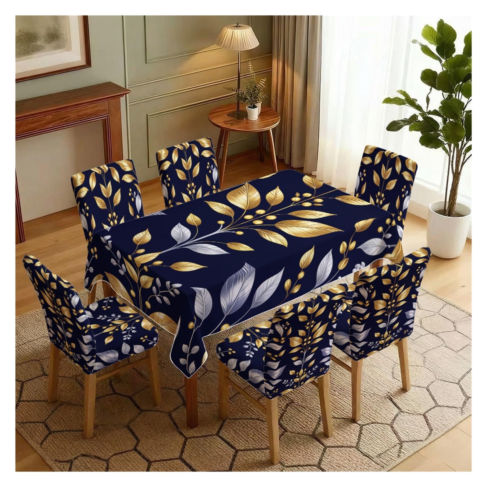 KXUAUV Stretch Dining Chair Slipcover & Tablecloth Set, Navy Blue Base Golden Silver Leaf Print, 5/7 Pack, Luxury Elegant Home Decor Party Decor(7pcs Set: Tablecloth+Chair Covers)