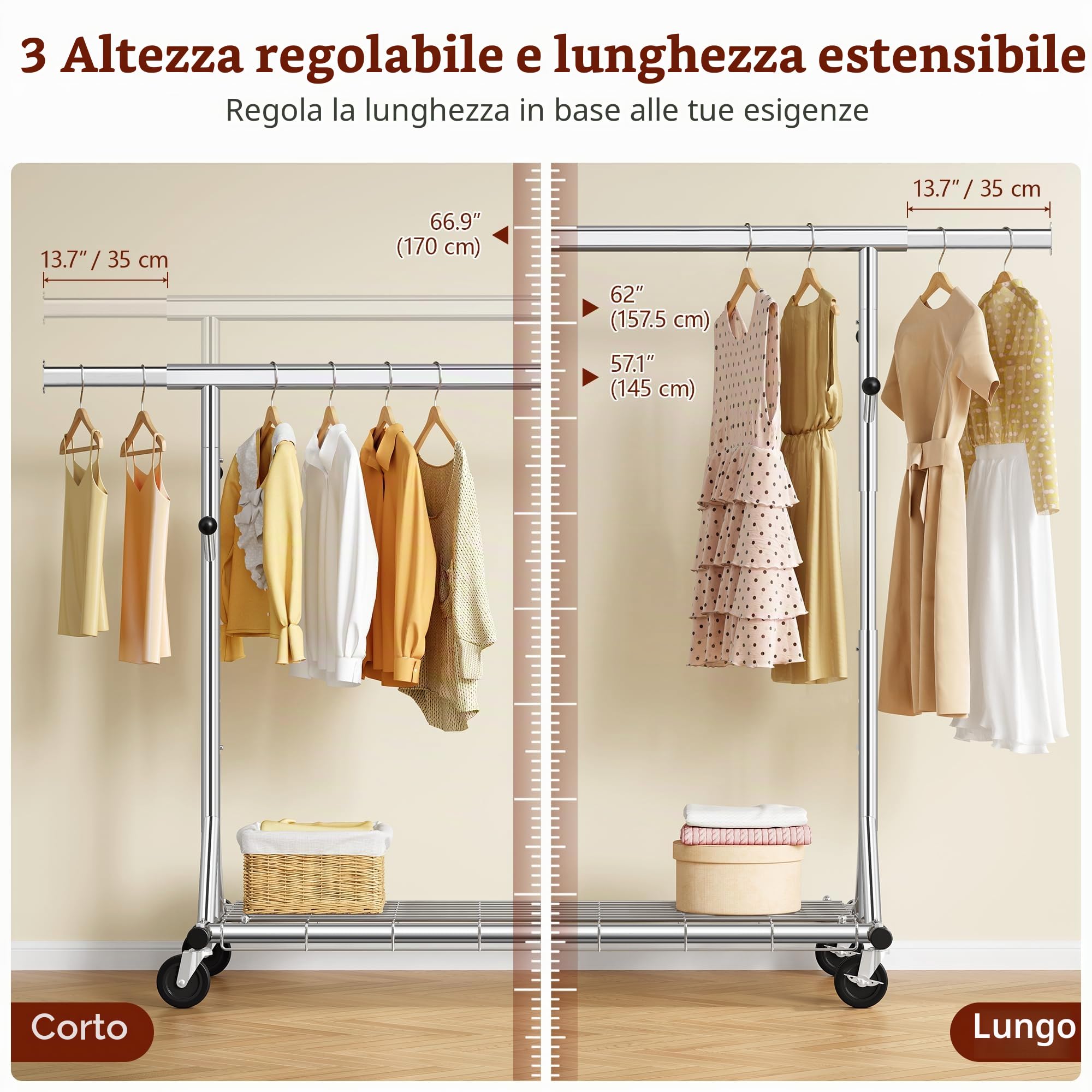 FAVOOSTY Stand Appendiabiti con Ruote, Attaccapanni Estensibile per Carichi Pesanti, Portata Totale 200 kg - 50 x (106-176) x 170 cm, installazione rapida 1 minuto,Argento
