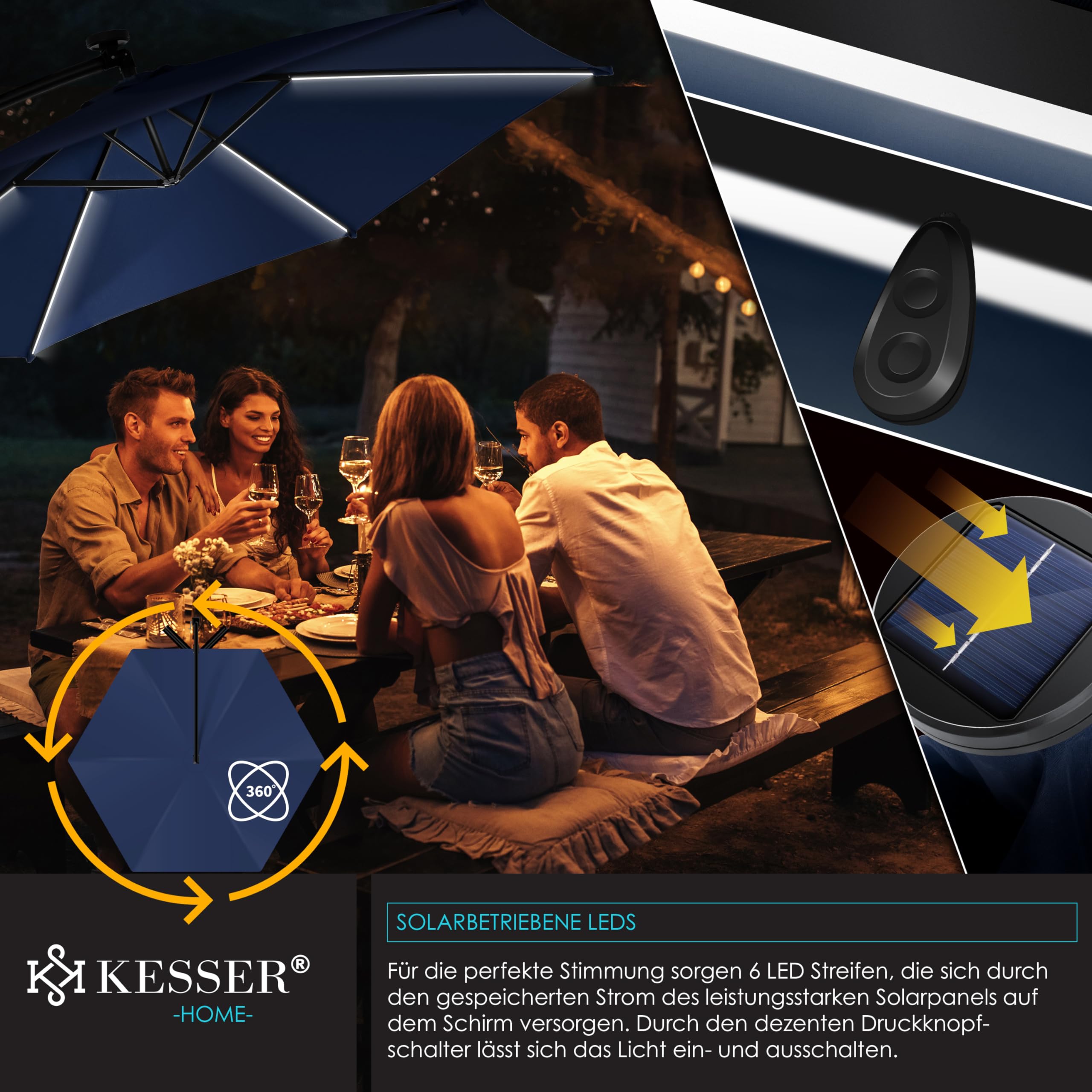 KESSER® Ombrellone in Alluminio, LED solare, incl. Copertura, Telecomando, Manovella, Funzione 360°, Protezione UV, Idrorepellente, Ombrellone da Giardino