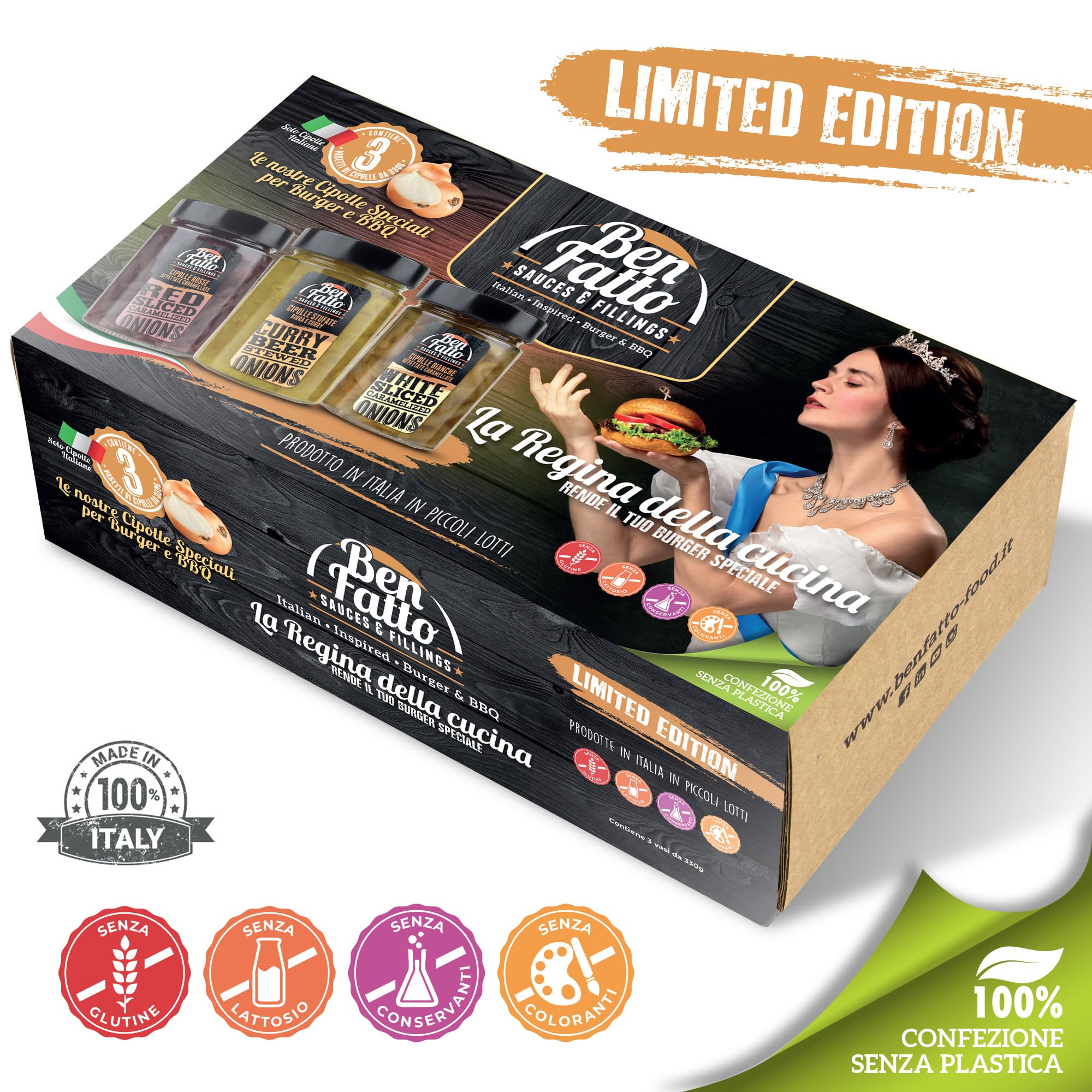 CONFEZIONE GOURMET Benfatto 3 CIPOLLE caramellate e stufate - speciali per Hamburger e BBQ - EDIZIONE LIMITATA - Made in Italy
