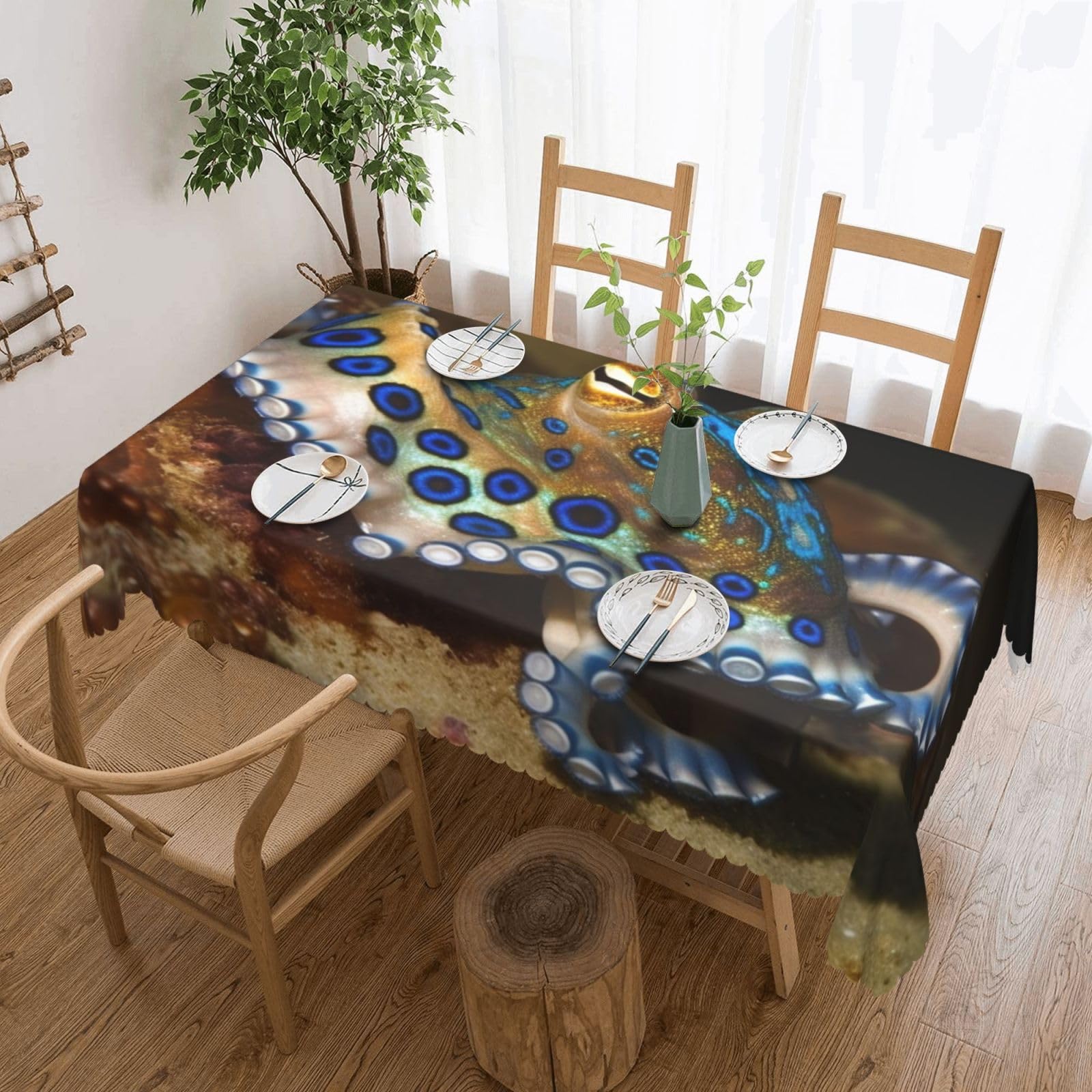 FodPand Blue Ring Octopus Tablecloths for Rectangle Tables 54 x 72 Inch - Reusable Washable Dining Table Clothes - Stain and Wrinkle Resistant Decorative Fabric Table Cover for Wedding Party