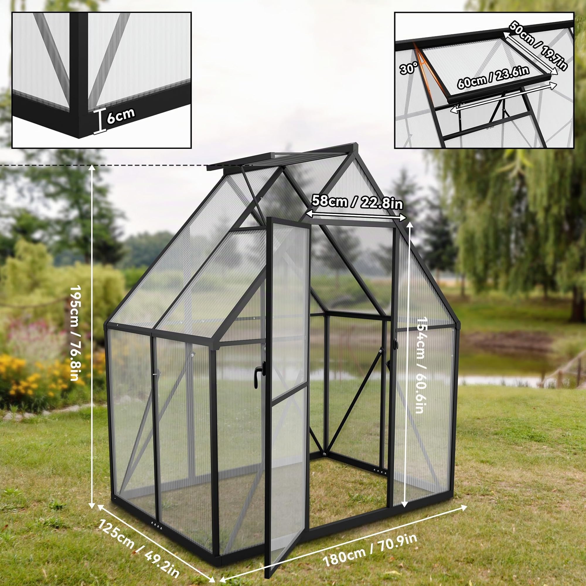 UISEBRT Gewächshaus Treibhaus für Garten Tomatenhaus mit Fundament Frühbeet Pflanzenhaus mit Fenster & Wetterfestem Hohlkammerplatten Gartengewächshäuser 125x180x195cm UV- & Frostgeschützt