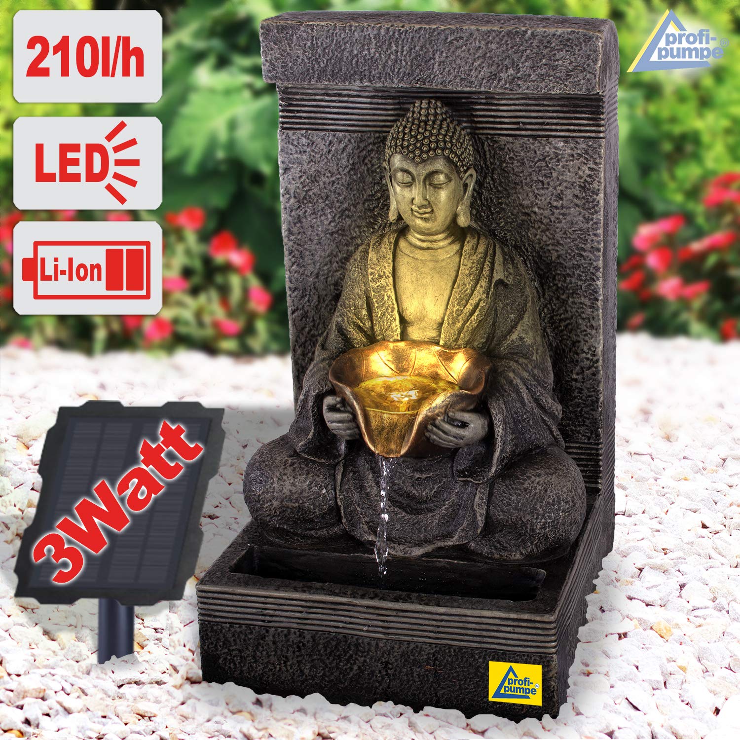 Fuente para Jardin Fuente de Agua Fuente de Tranquilidad Buda Fuente con iluminacion para Jardin, terraza, Balcon con Bomba, iluminacion Solar, bateria de Iones de Litio y luz LED