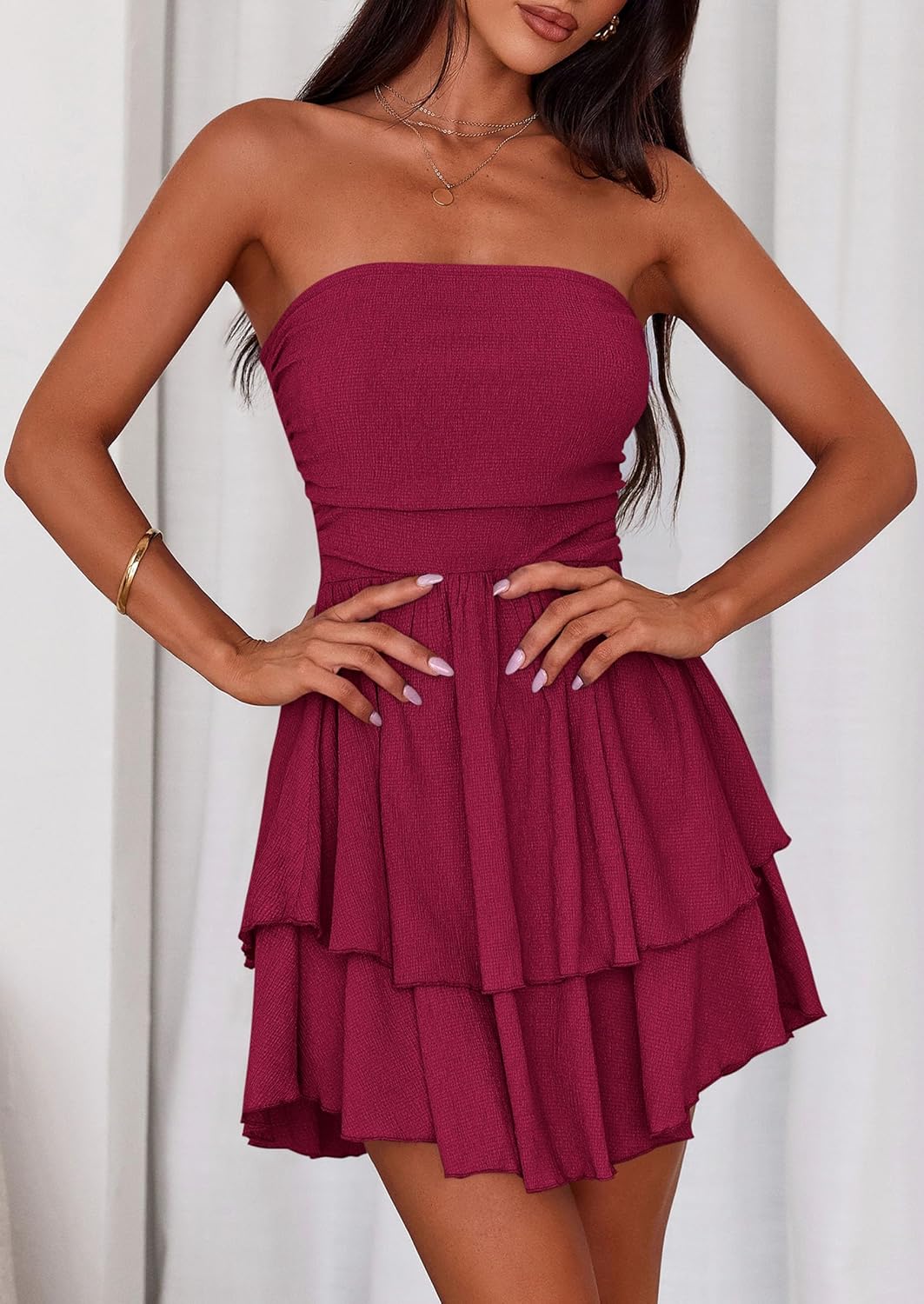 PRETTYGARDEN Women's 2026 Summer Strapless Tube Mini Dress Off Shoulder Smocked Ruffle A Line Flowy Short Party Club Dresses