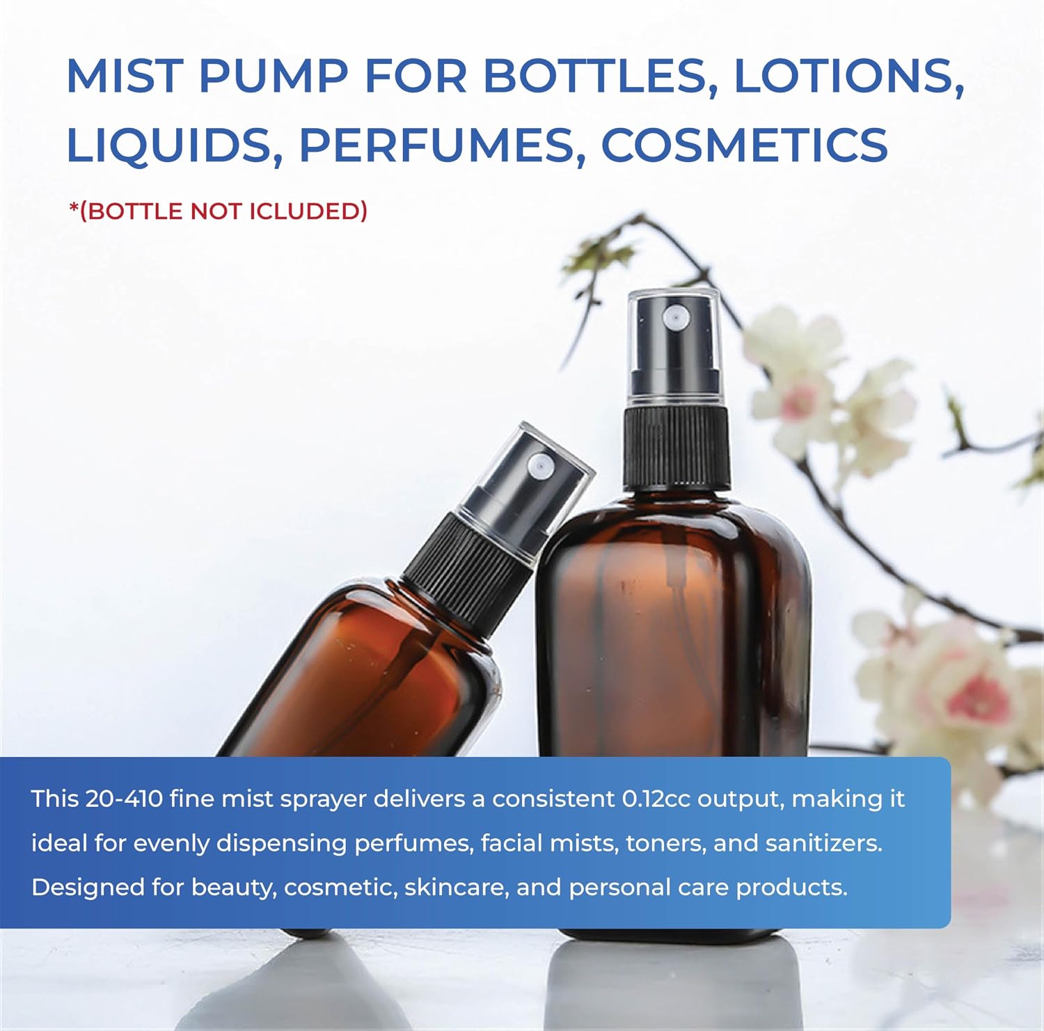 PP Plastic Fine Mist Sprayer 20-410 Smooth Skirt with Clear Overcap and 3.54 Inch Dip Tube – 0.12cc Output Mist Pump for Bottles, Lotions, Liquids, Perfumes, Cosmetics, Travel Use - Pack of 50 - White