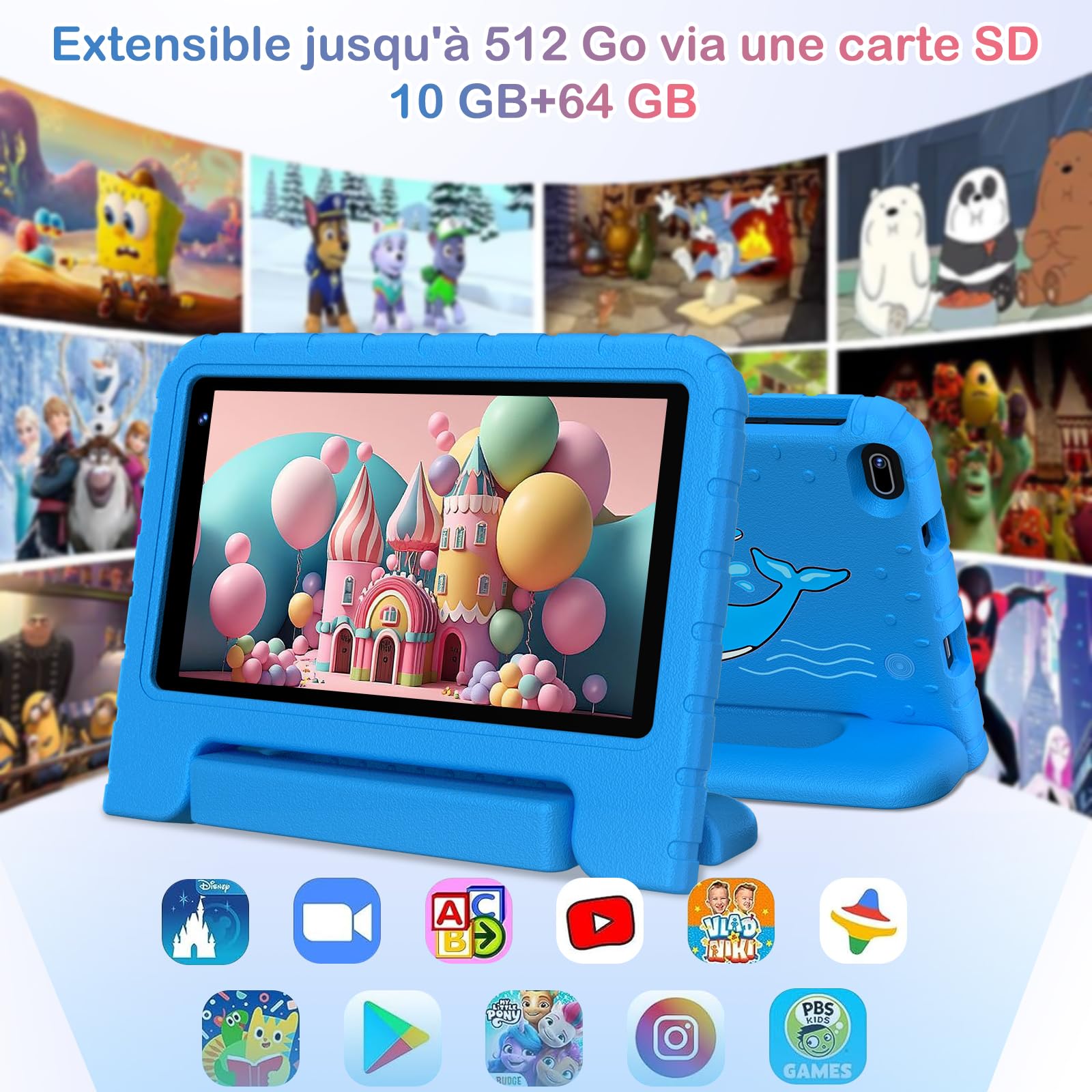 Tablette pour 7 Pouces Android Tablette Enfants avec 10GB+64GB(TF 1TB),Kids Tablette Tactile Octa-Core,Éducative Apps Pré-Installé,Contrôle Parental, WiFi 6, BT5.0,Cas EVA - Bleu