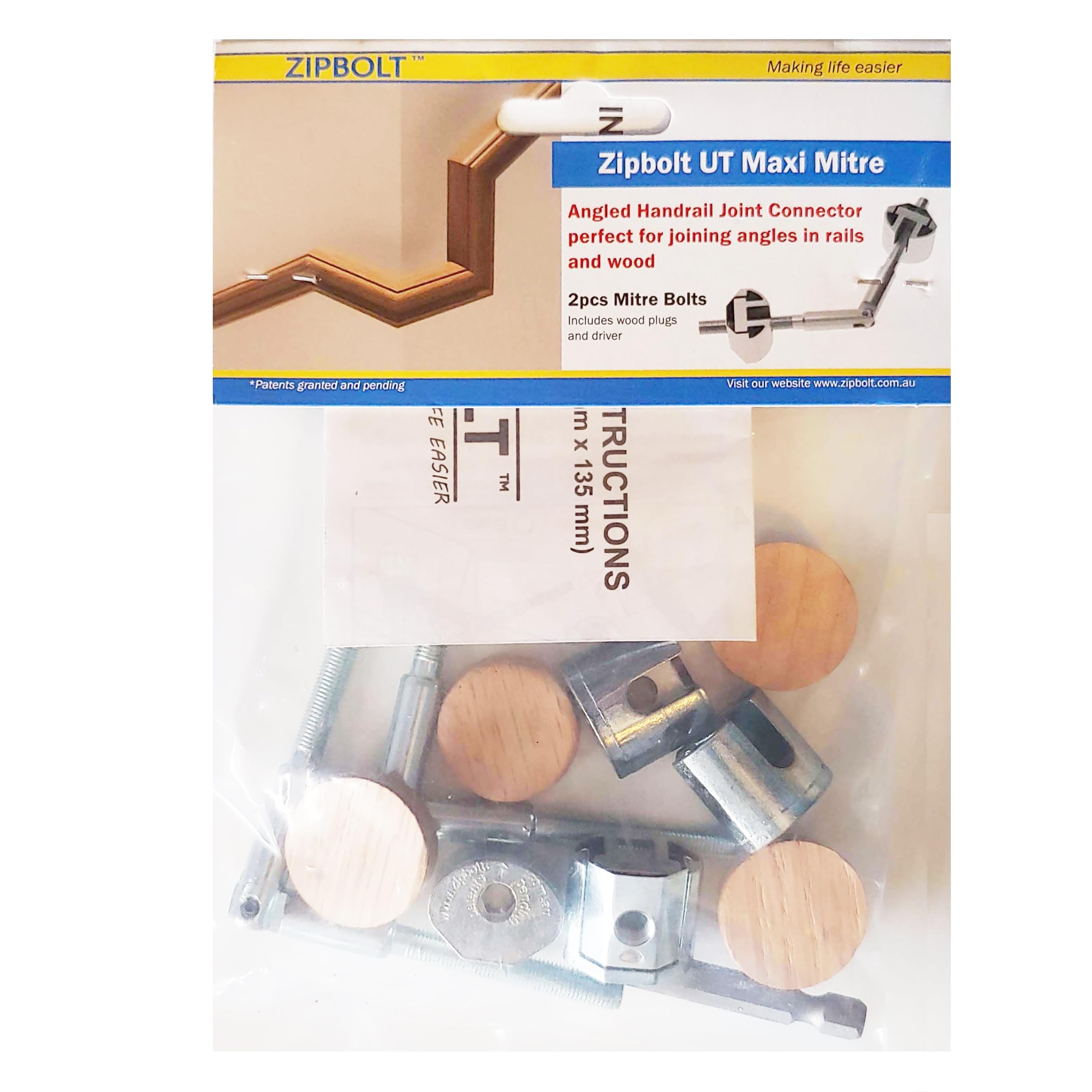 Zipbolt UT 11.610 Maxi Mitre Connector — Connects Mitered Staircase Handrail Sections, Residential and Commercial Installation, New Construction and