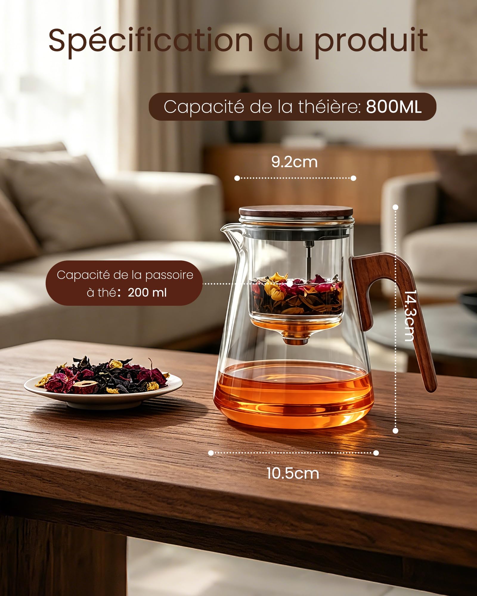 ZENS Theiere con infusor, Magic tetera de cristal con tapa de succión magnética para té de hojas sueltas sin daños, mango de madera de nogal, regalos para los amantes del té-800ML