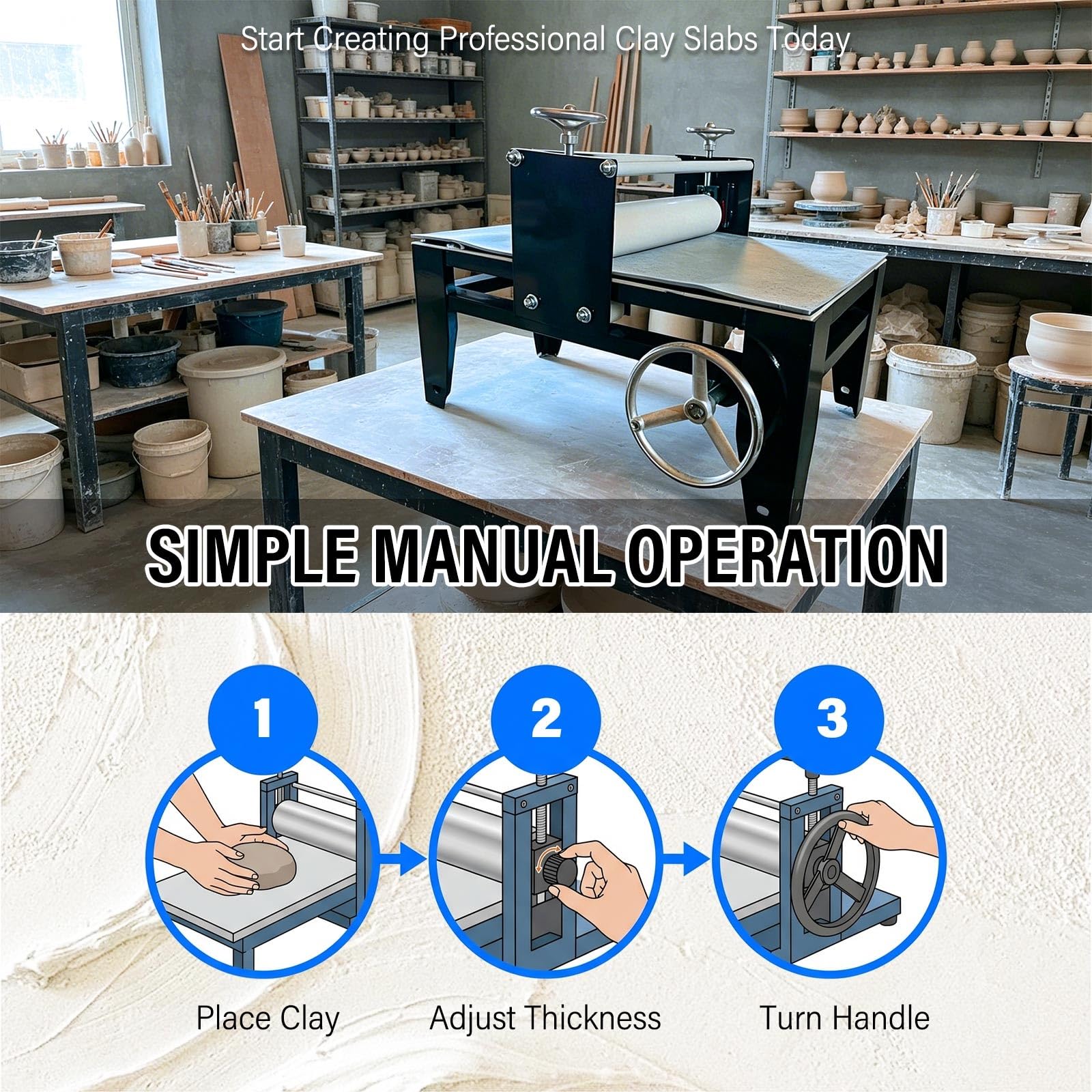 Herramienta De Cerámica Para Trabajo Con Arcilla, Laminador Mesa Con adjustment Preciso Espesor, Estructura Estable Y Rodillo De Acero Para Creaciones Manuales