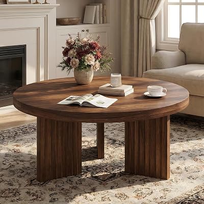 IDEALHOUSE Round Coffee Table, 33.5" Circle Center Table with Fluted Legs & 1.3" Thick Top, Accent Sofa Tables for Living Room, Bedroom, Easy Assembly, Walnut Brown
