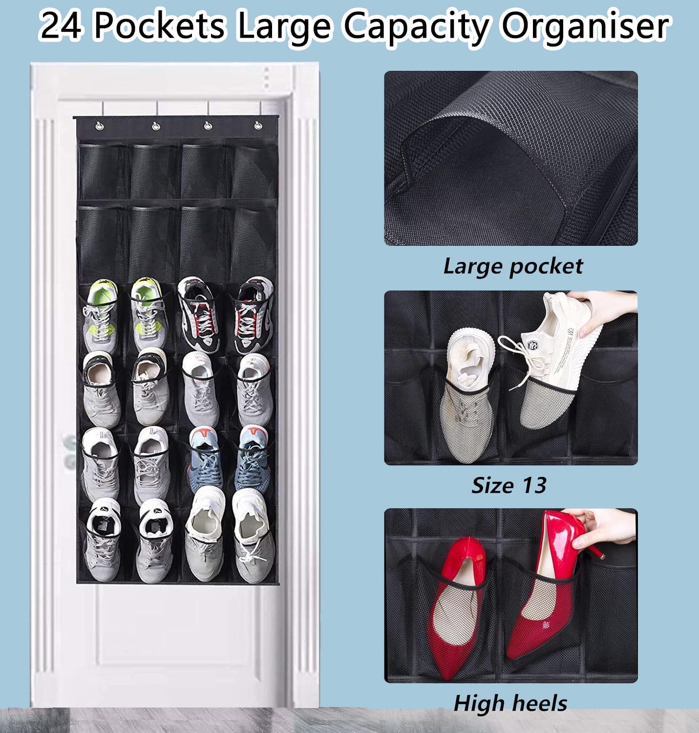 MISSLO Hanging Door Shoe Storage Organiser Door Tidy with 24 Large Mesh Pockets Shoe Rack Hanger (Black)