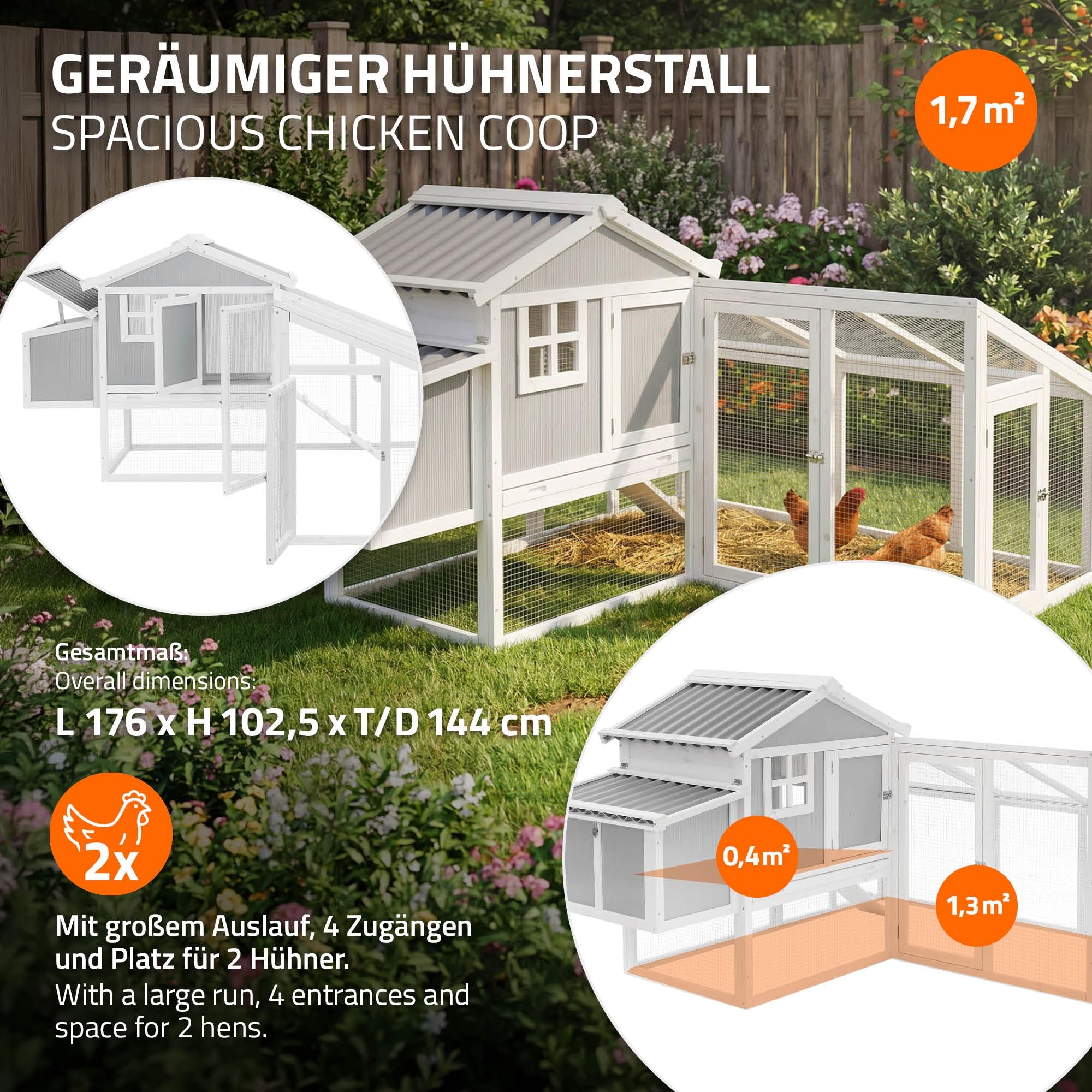 ECD Germany Gallinero Exterior de Madera Maciza con Corral para Gallinas, XXL 144x176x102,5cm Cubierta de Alambre Galvanizado, Bandeja de Heces Extraíble, Dos Cajas Nidos y Rampa, Parque para Animales
