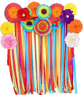 Auihiay 18PCS Mexican Fiesta Birthday Party Decoration, Cinco de Mayo Decorations with Paper Fans, Crepe Paper Flowers, Colored Streamers for Birthday, Wedding, Cinco De Mayo, Taco Party Decor
