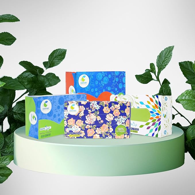 Century 2 Ply 100% Virgin Pulp Soft Facial Tissue Box | Car Tissue - 100 Pulls Per Roll (Pack of 4)